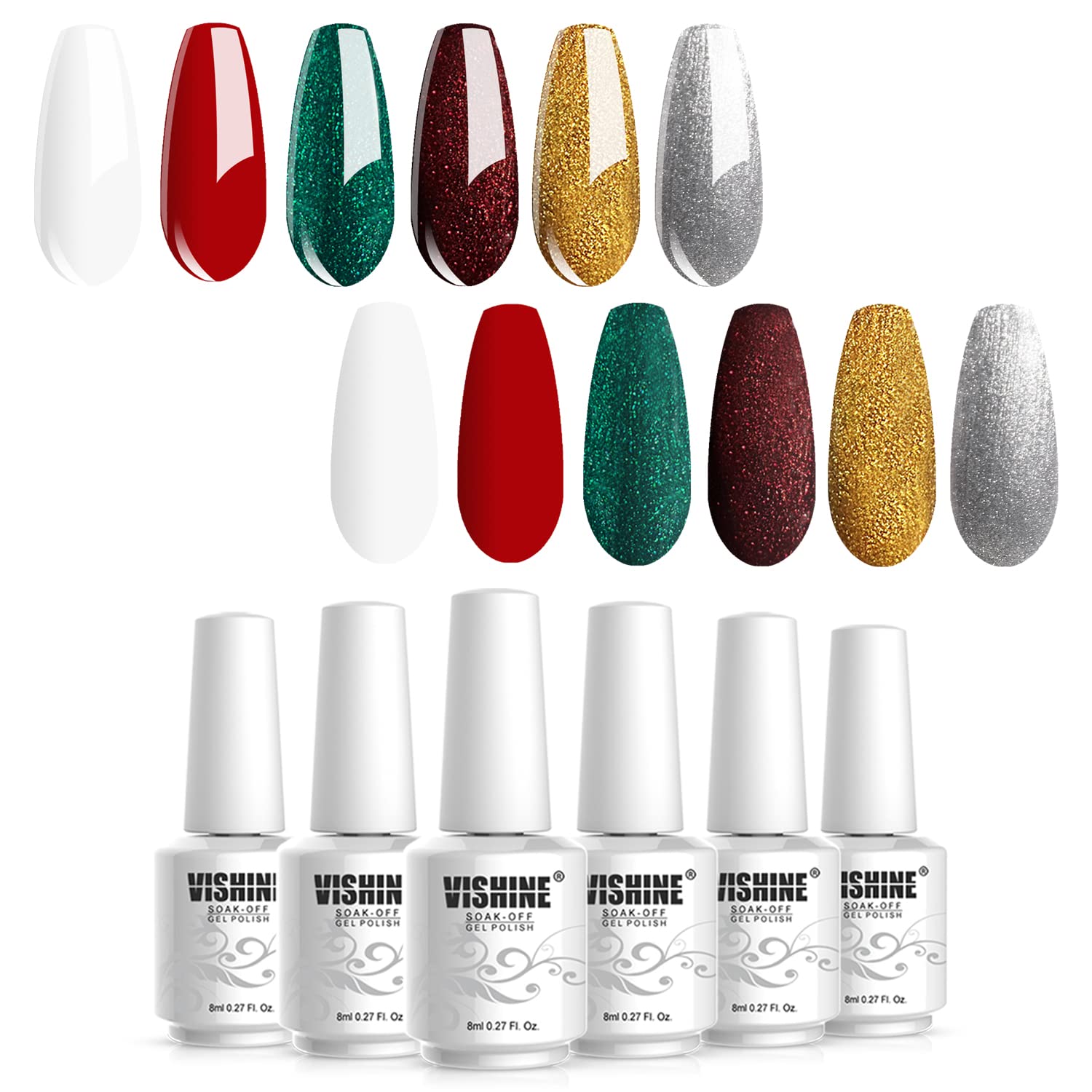 Vishine Soak Off UV LED Gel Nail 6pcs X 8ml Gold, Green, Red, White,)-image-725a5196-feb5-4e47-96cc-8a0388794329-48505