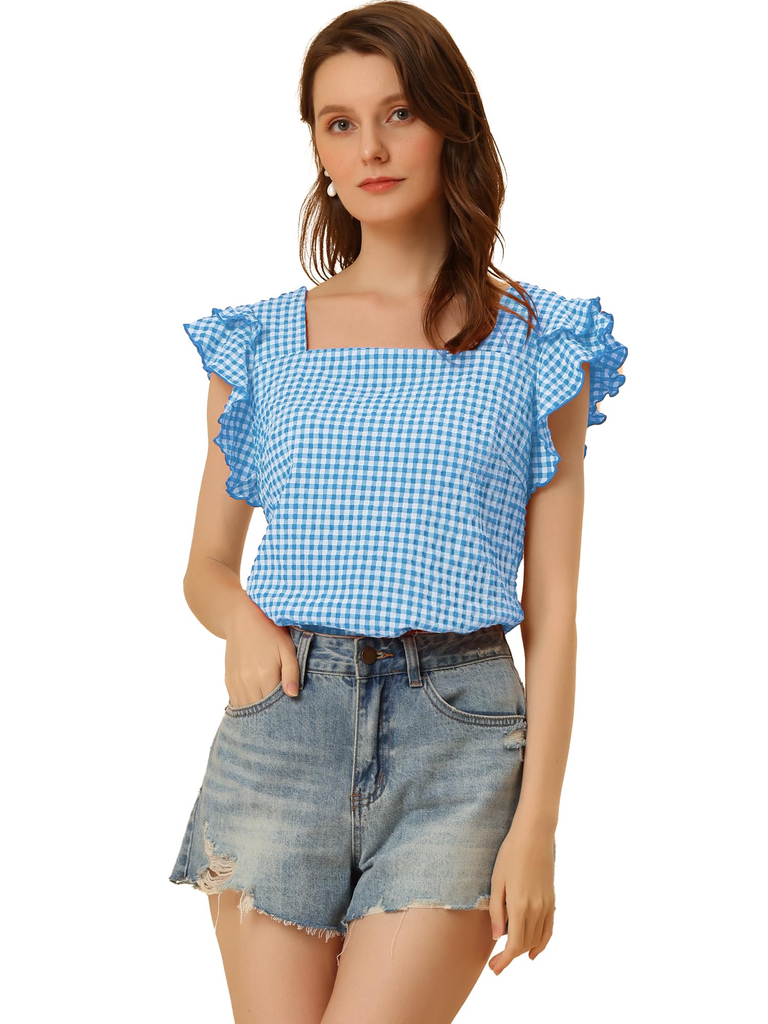 Allegra K Summer Gingham Tops for Women's Square Neck Ruffle Blue-image-cbea3676-e512-4625-90b9-05aa7345c51e-60468