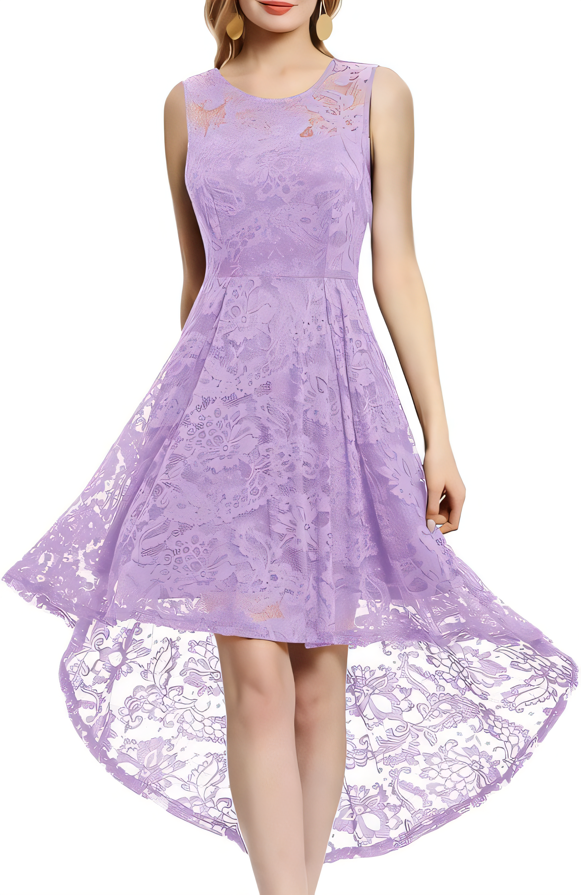 Vintage Floral Lace Hi-Lo Party Dress - Lavender M