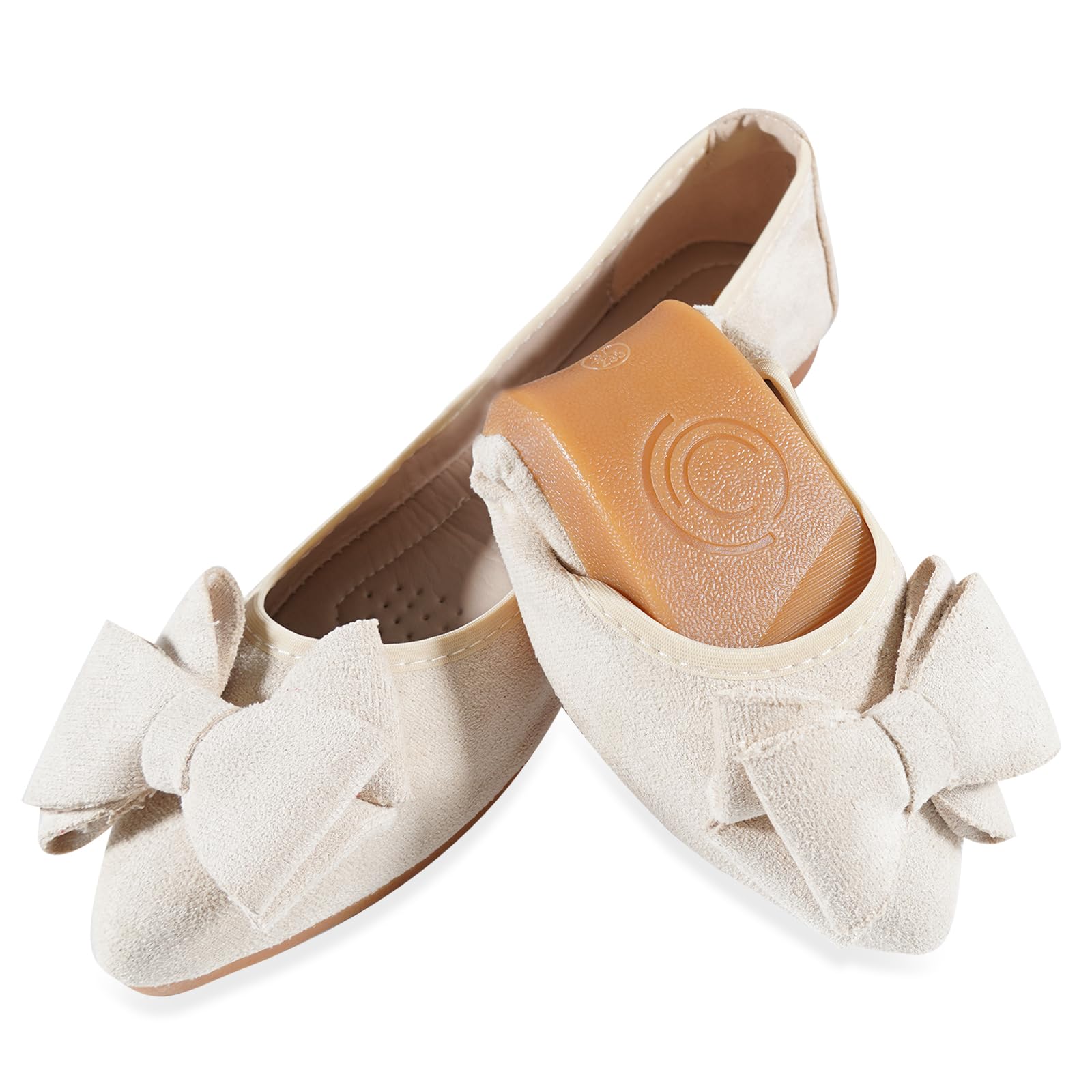 Women's Ballet Flats Foldable - Apricot Bow UK 5.5