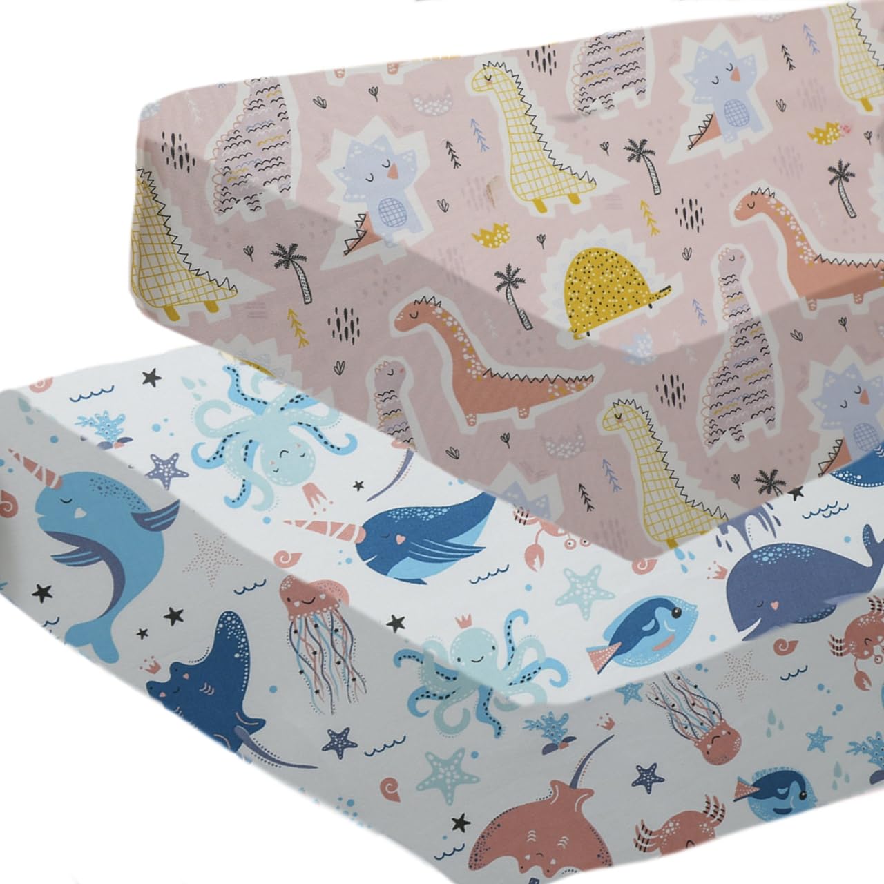 Hypoallergenic Baby Cot Bed Fitted Sheets 120x60cm 100% Cotton - Pack of 2 (Pink Dinosaur & Seaworld)-image-932e5c9f-56dc-4fc5-850f-36f4f4b319f8-54921
