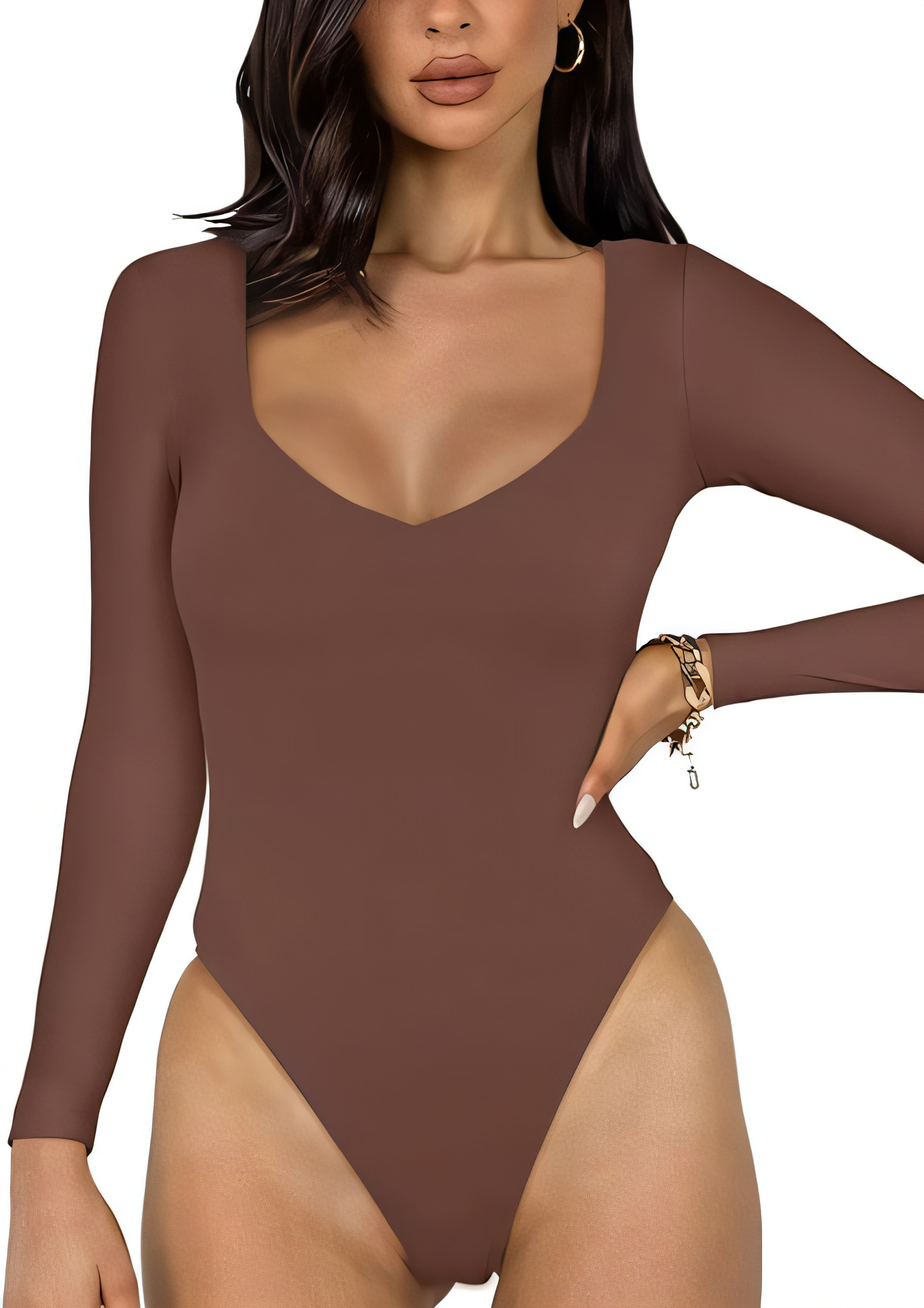 Women's V Neck Long Sleeve Bodysuit - Coffee XL-image-682aa2d1-fdc5-4849-9ba2-496ea5c80329-93896