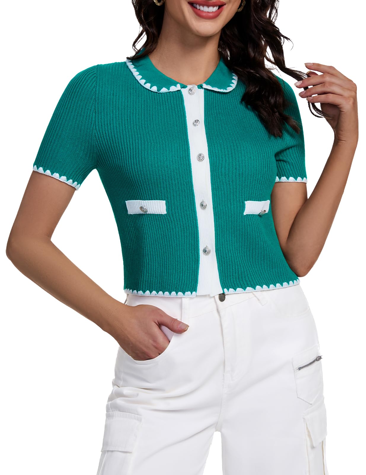 Women's Knit Polo Cardigan - Green M-image-c37015c9-b197-4e7d-a8c0-9ac447df58d9-266134