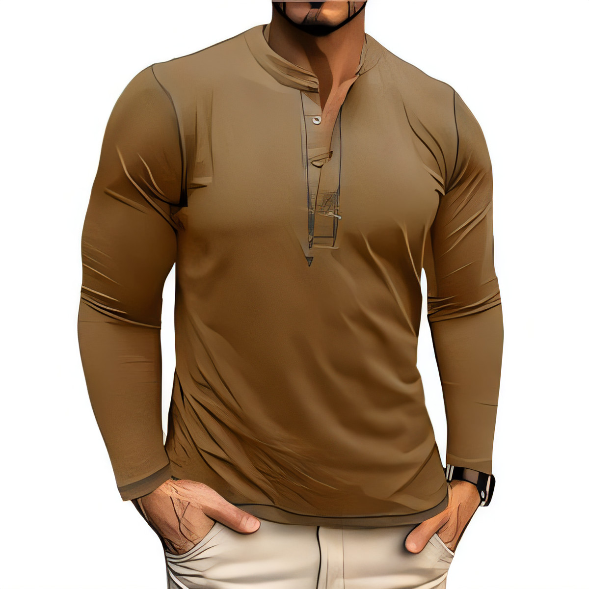Men's Henley Long Sleeve T-Shirt - Yellow 2XL-image-9eed7e58-36d3-4184-aa2e-3a56e96c5798-93387