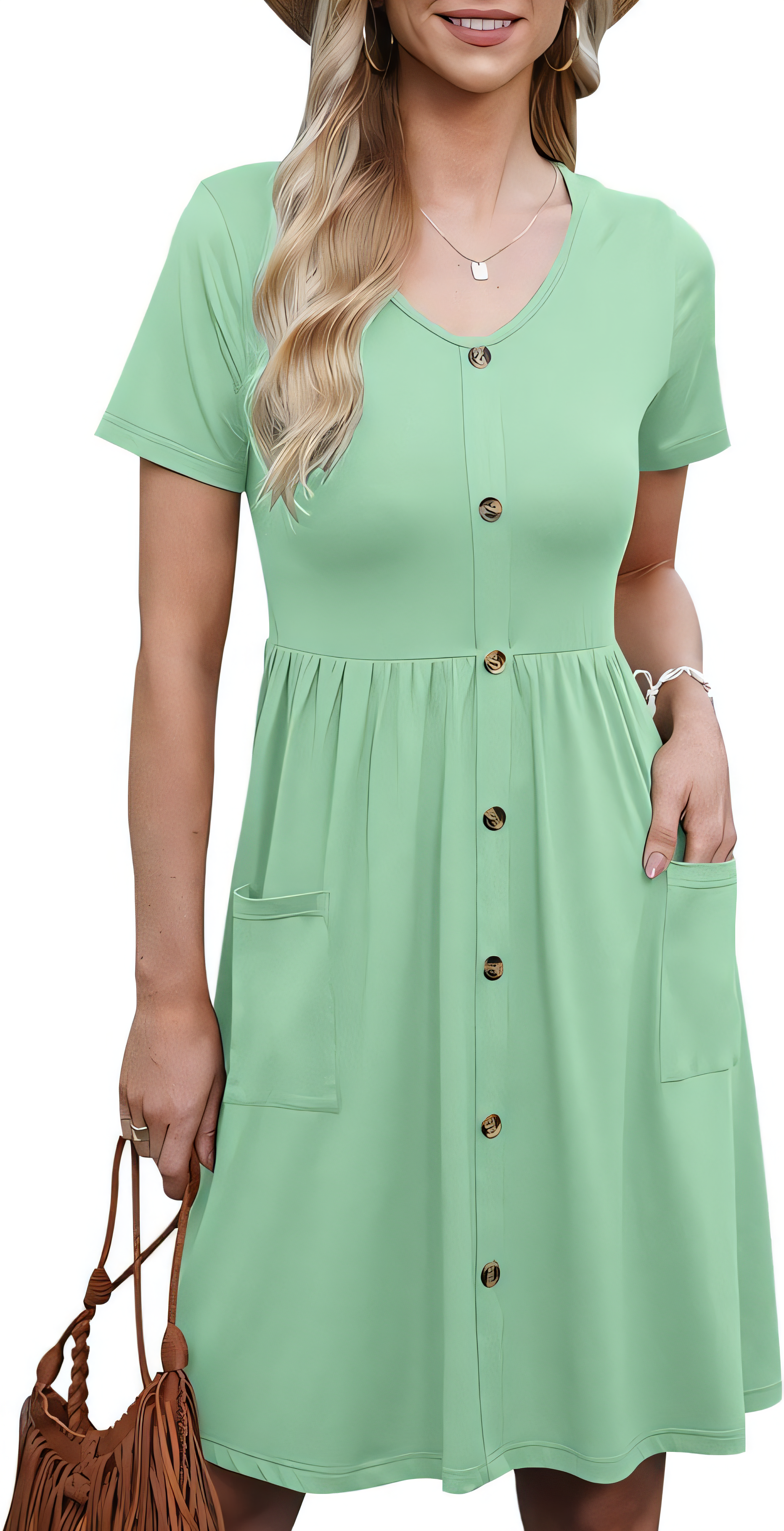 AUSELILY Womens Summer Dress Short Sleeve Knee Length Dress Green-image-f4fc7ee3-076b-45c8-9e56-00b308381feb-53298
