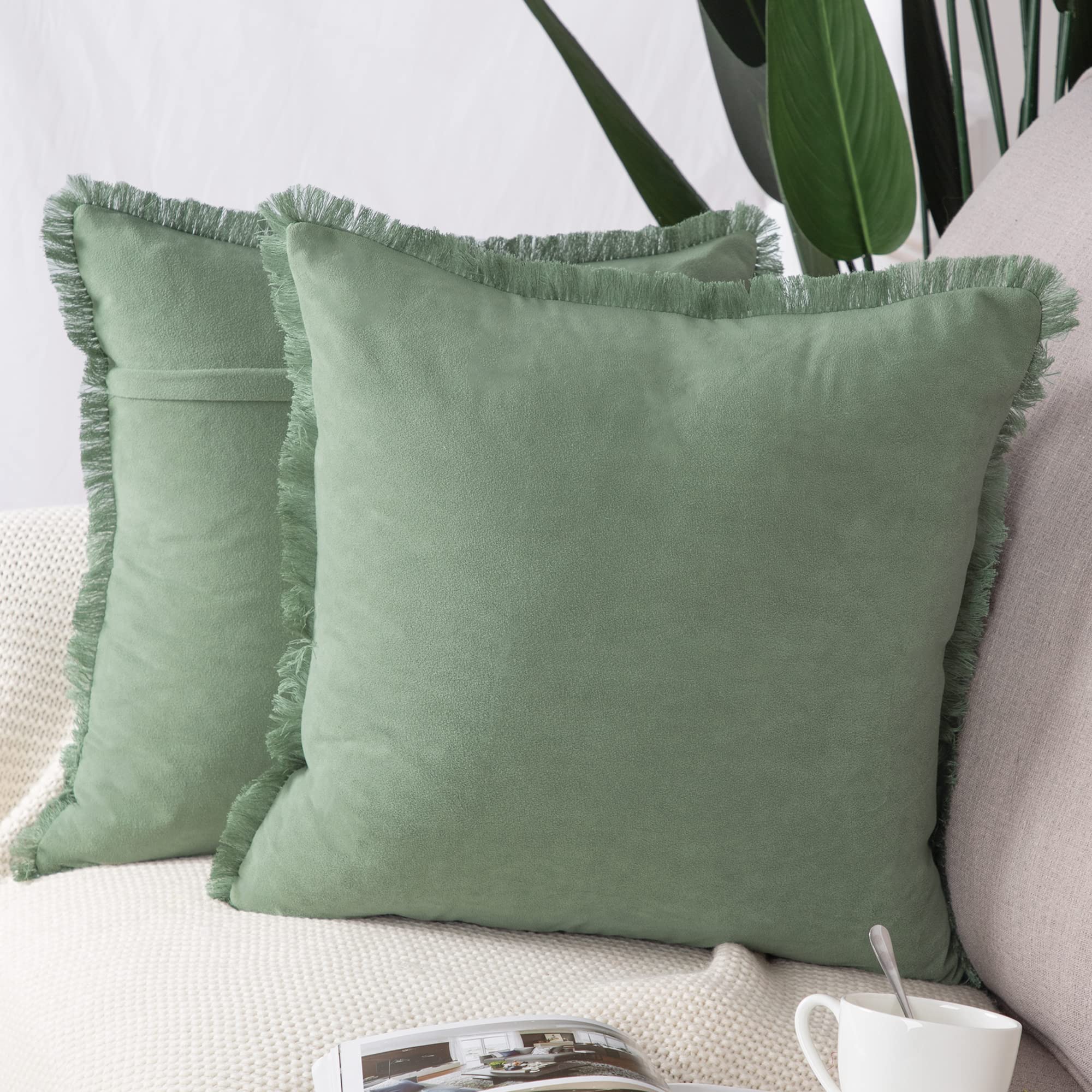 Suede Cushion Covers with Tassels - Light Green 65x65 cm