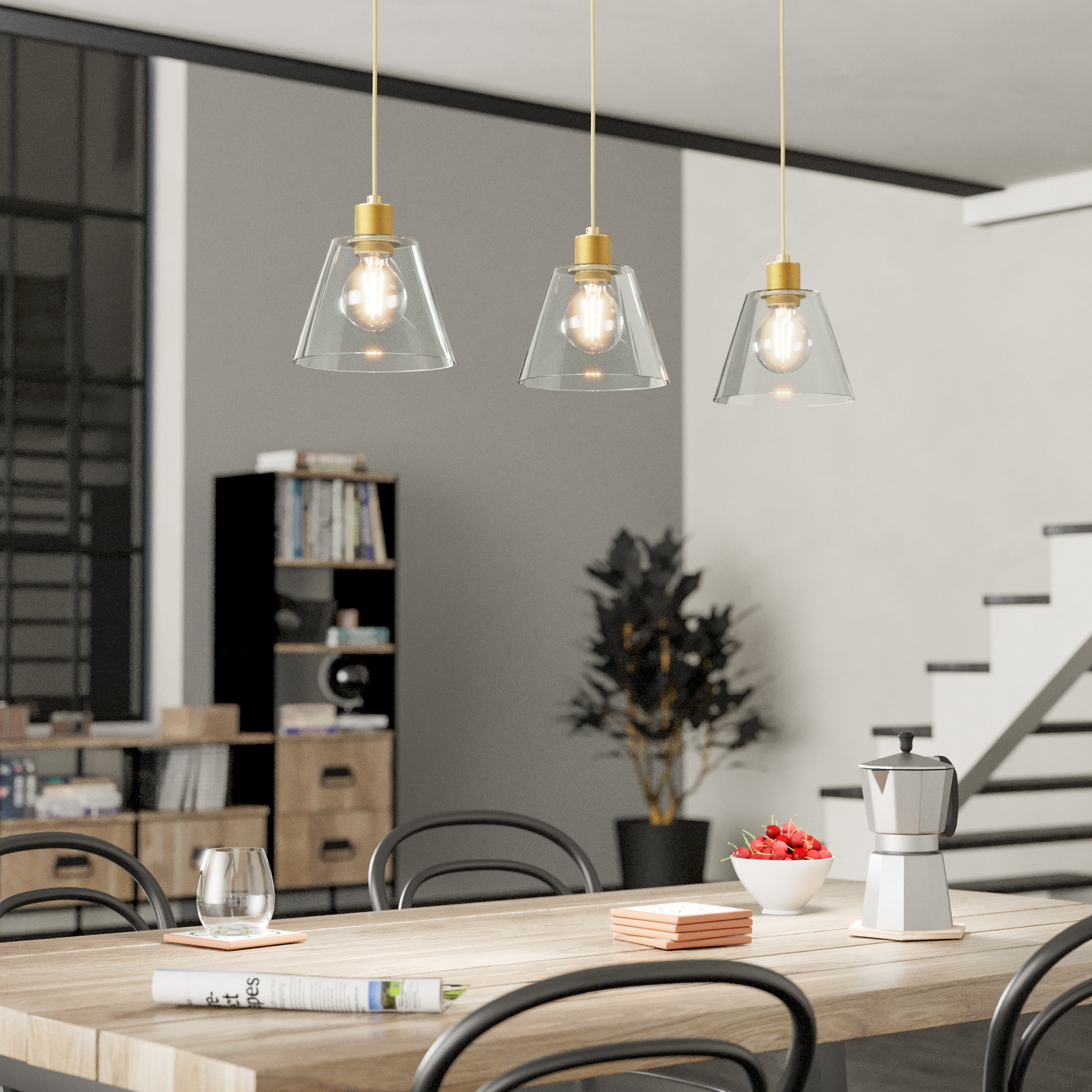 COPLEY Triple Pendant Light – Gold with Clear Conical Glass Shades E27-image-a5e85cd6-8d32-42b3-b57a-21c447607343-169717