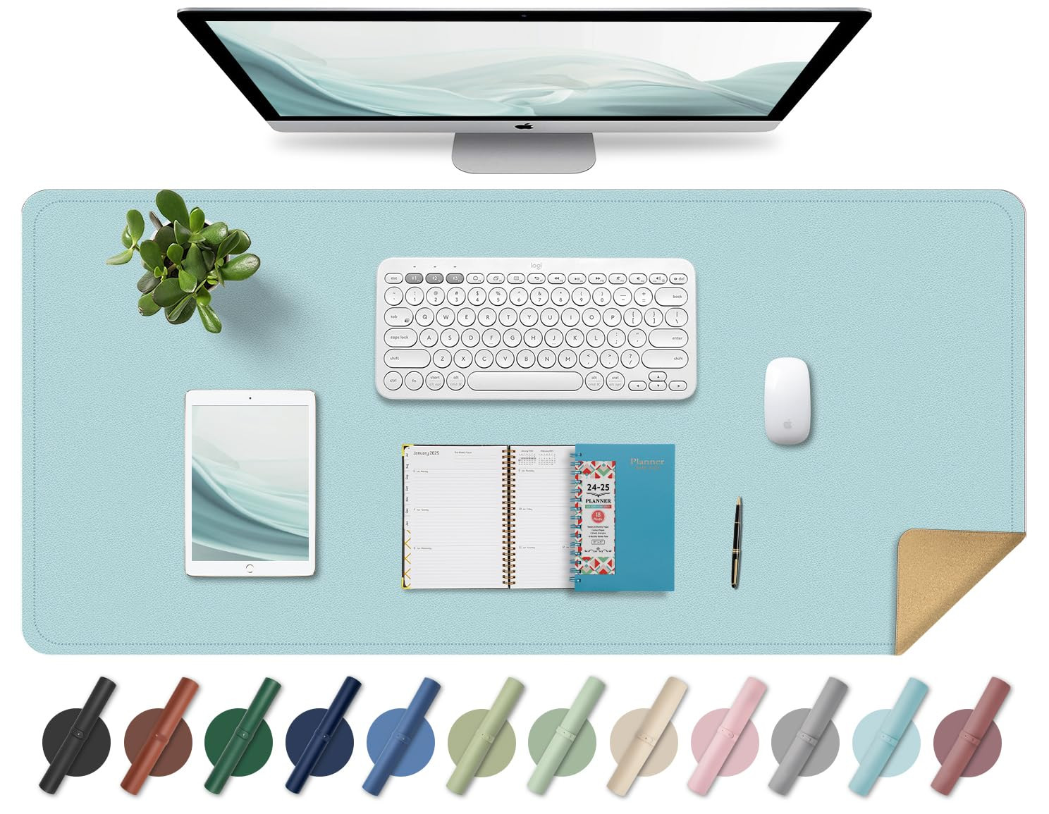 Large Cork & Leather Desk Pad - Light Blue 120x43CM
