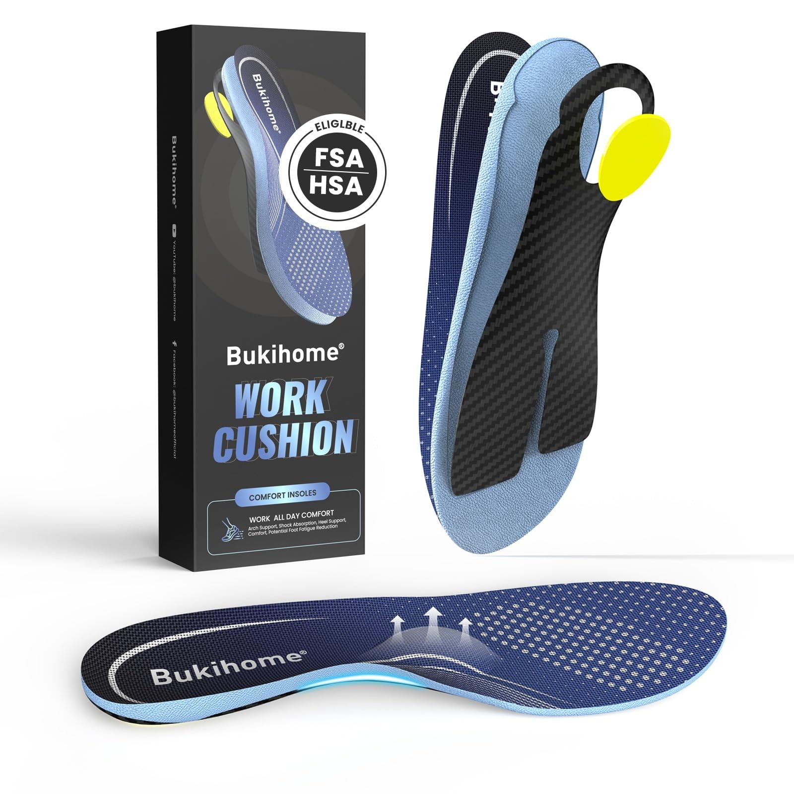 Carbon Fibre Arch Support Insoles - Blue 2XL Women 9.5-10.5 Men 8-9