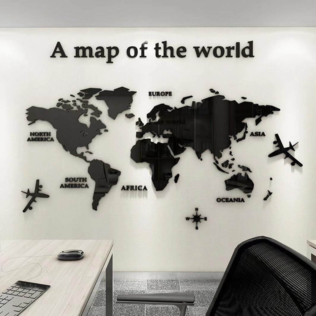 3D World Map Wall Sticker - Black 230 x 120cm