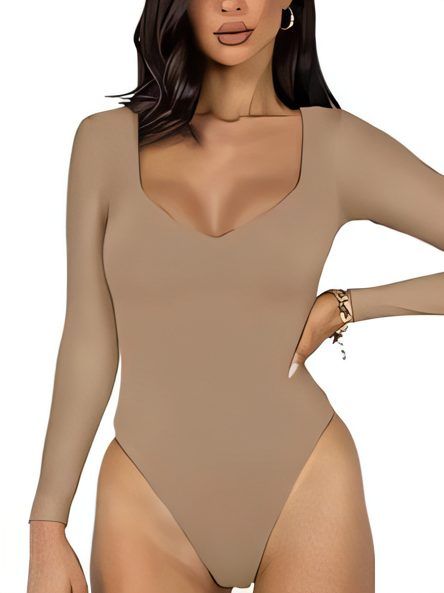 Women's V-Neck Long Sleeve Bodysuit - Khaki 2XL-image-83f67c2d-60e7-42bc-b035-45b0ac2e6800-91772