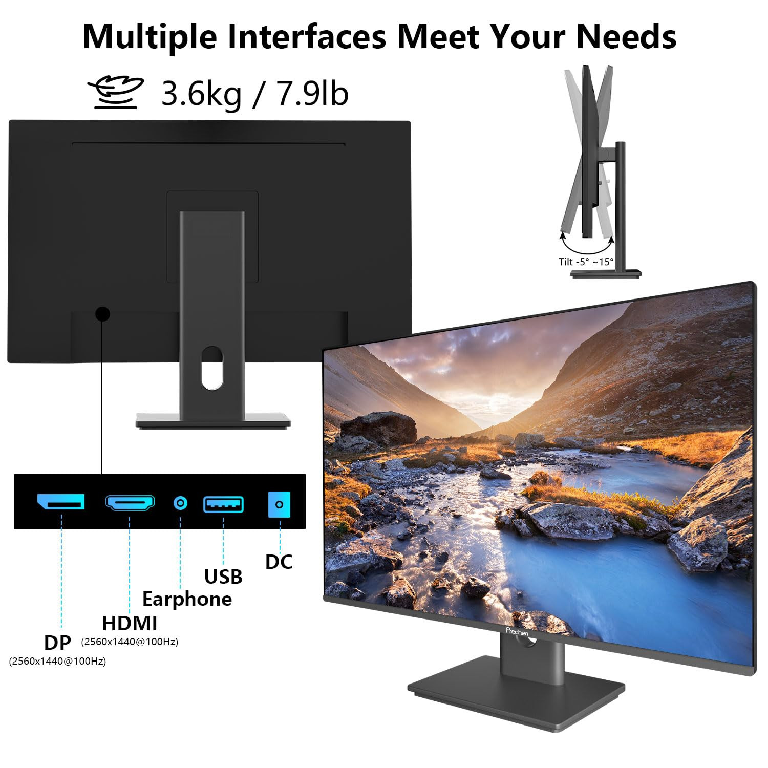 Prechen PC Gaming Monitor QHD 2560x1440 2K 100Hz 2ms HDR IPS LED
