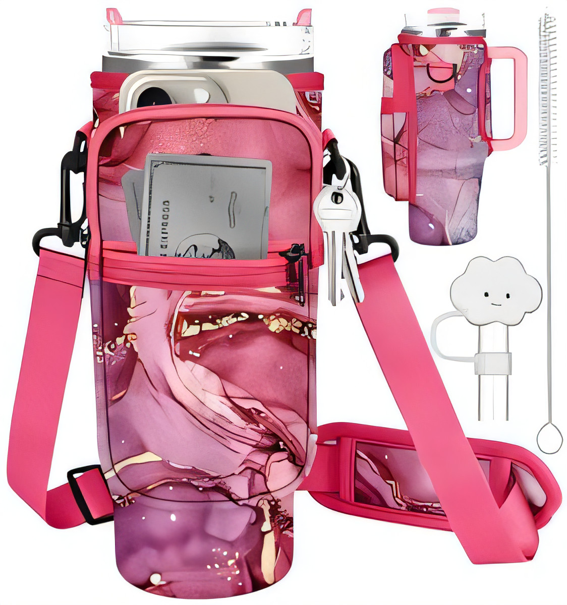 Bottle Holder Bag 40oz with Strap & Pocket - Pink Marble-image-dfbe080c-bd2c-4397-90cc-f264fcae5bde-119271