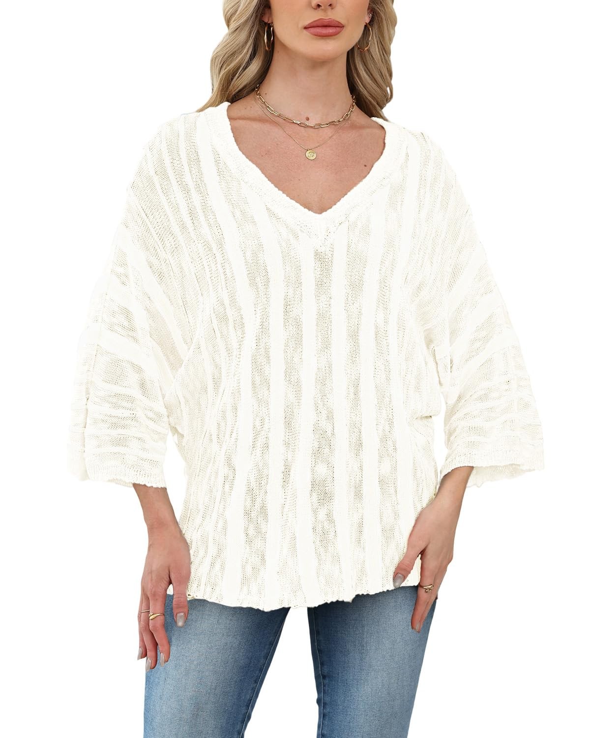 Women's V-Neck Striped Jumper - White S