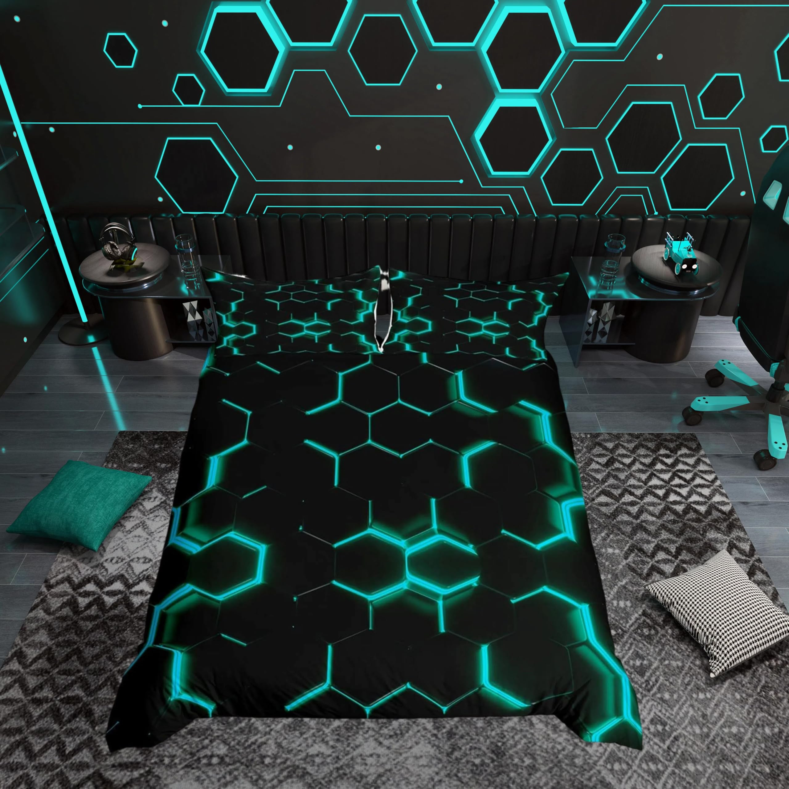 Hexagonal Duvet Cover Set - Dark Green Single-image-a845d123-2e8f-4135-9895-6aff974db112-134483