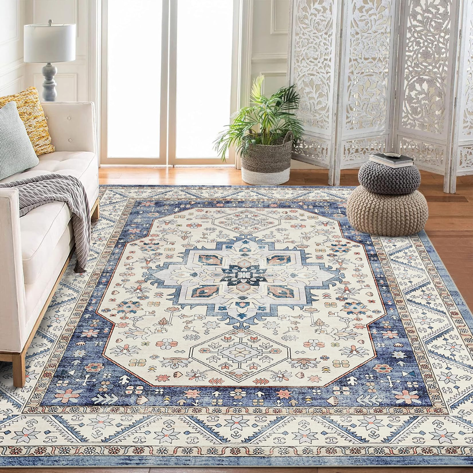 Vintage Boho Area Rug Washable Non-Slip - Blue 200 x 290 cm-image-f72623d1-f440-4412-a42b-46ee5c6760af-137981