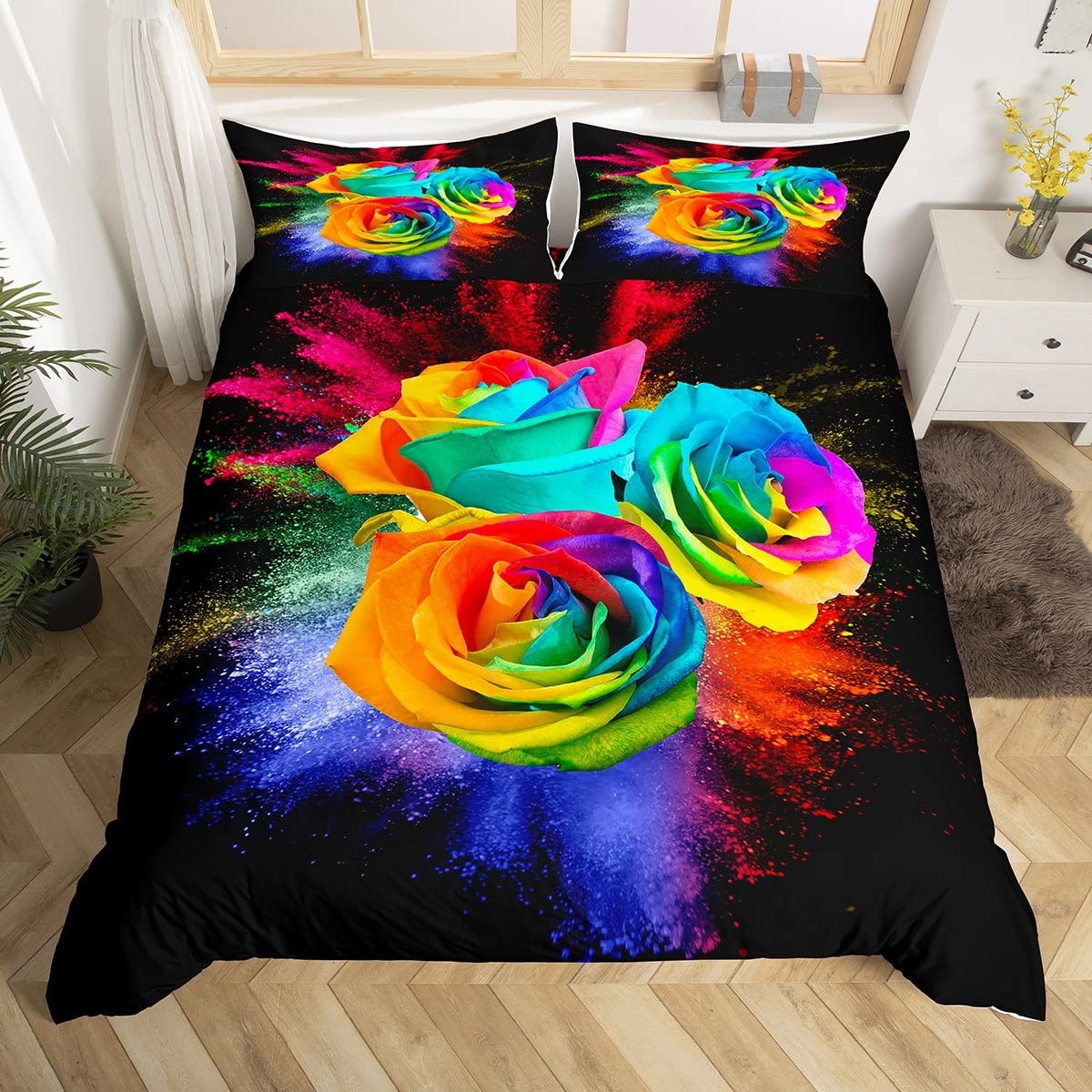 Rainbow Rose Duvet Set Floral Microfiber - Multicoloured Double