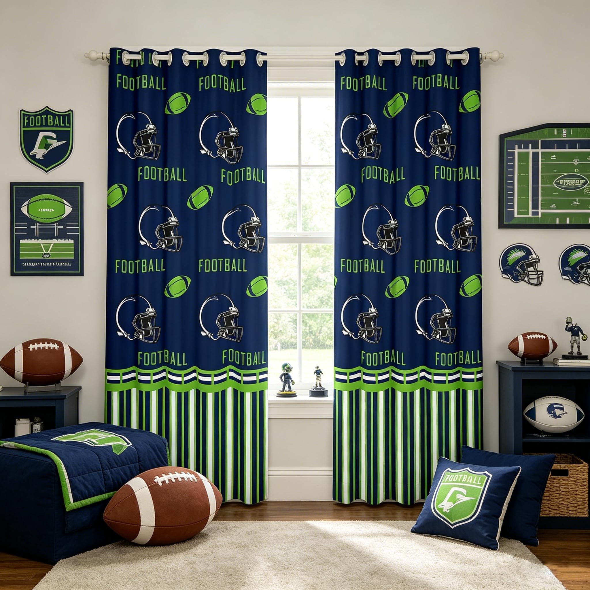 Football Blackout Curtains - Blue Green W52 x L63in 2 Panels