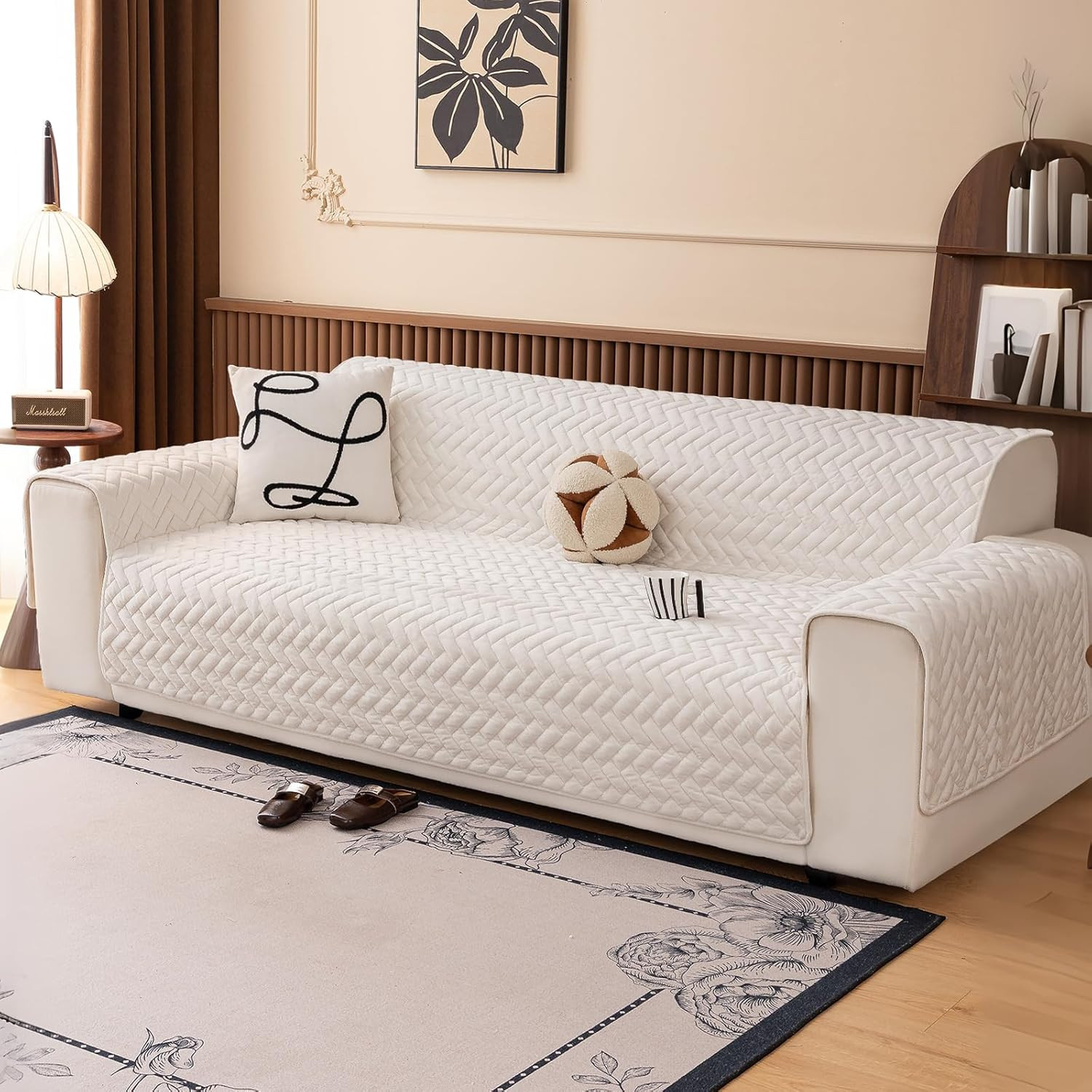Quilted Velvet Sofa Cover - Geometry White 4 Seater-image-b1a1b662-8cb5-4ca1-bcde-dcefcaf355d8-2486
