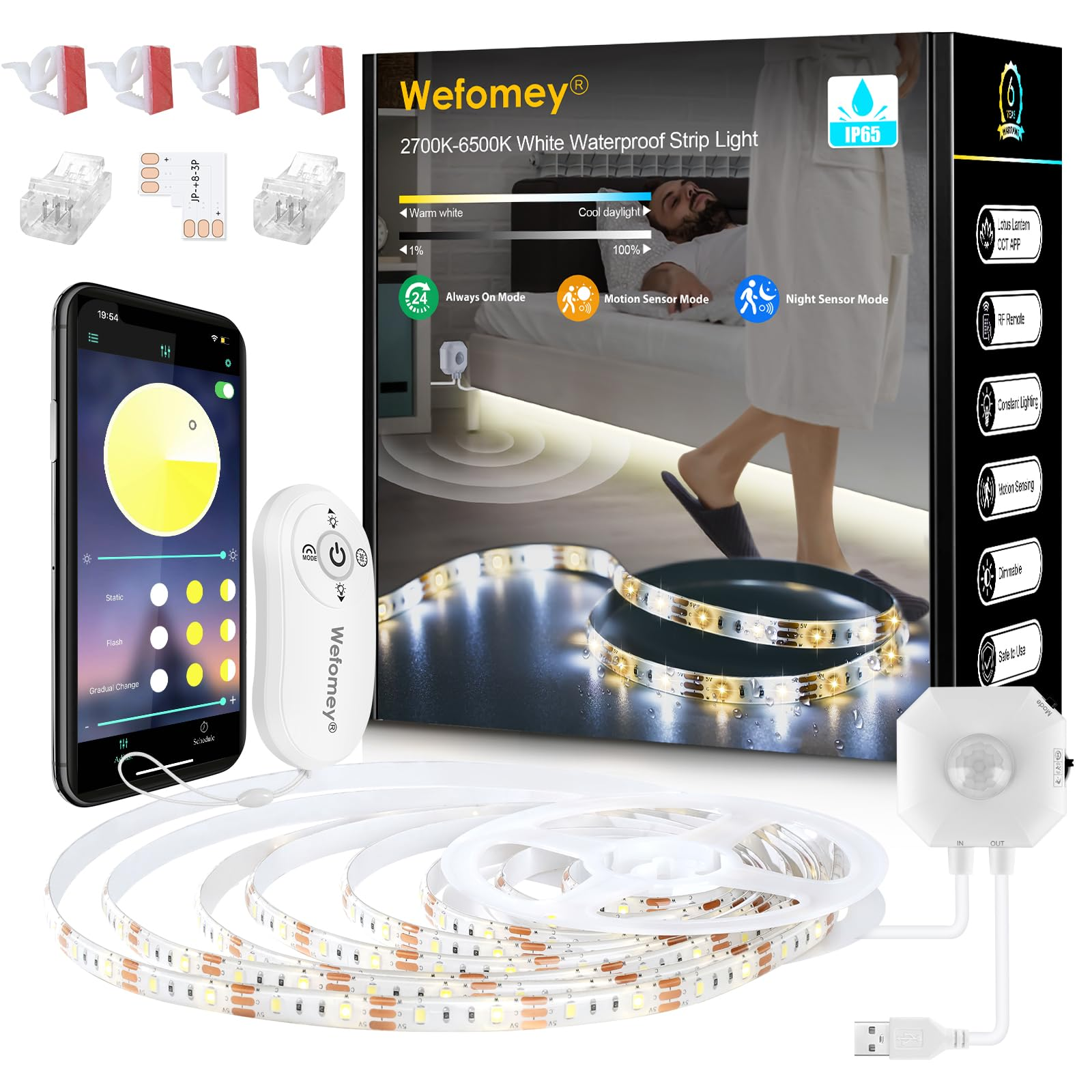 Wefomey LED Strip Light Dimmable 3M, White 2700K-6500K 5V White IP65-image-113bd77b-0269-4bee-9989-b15745c7d72e-11618