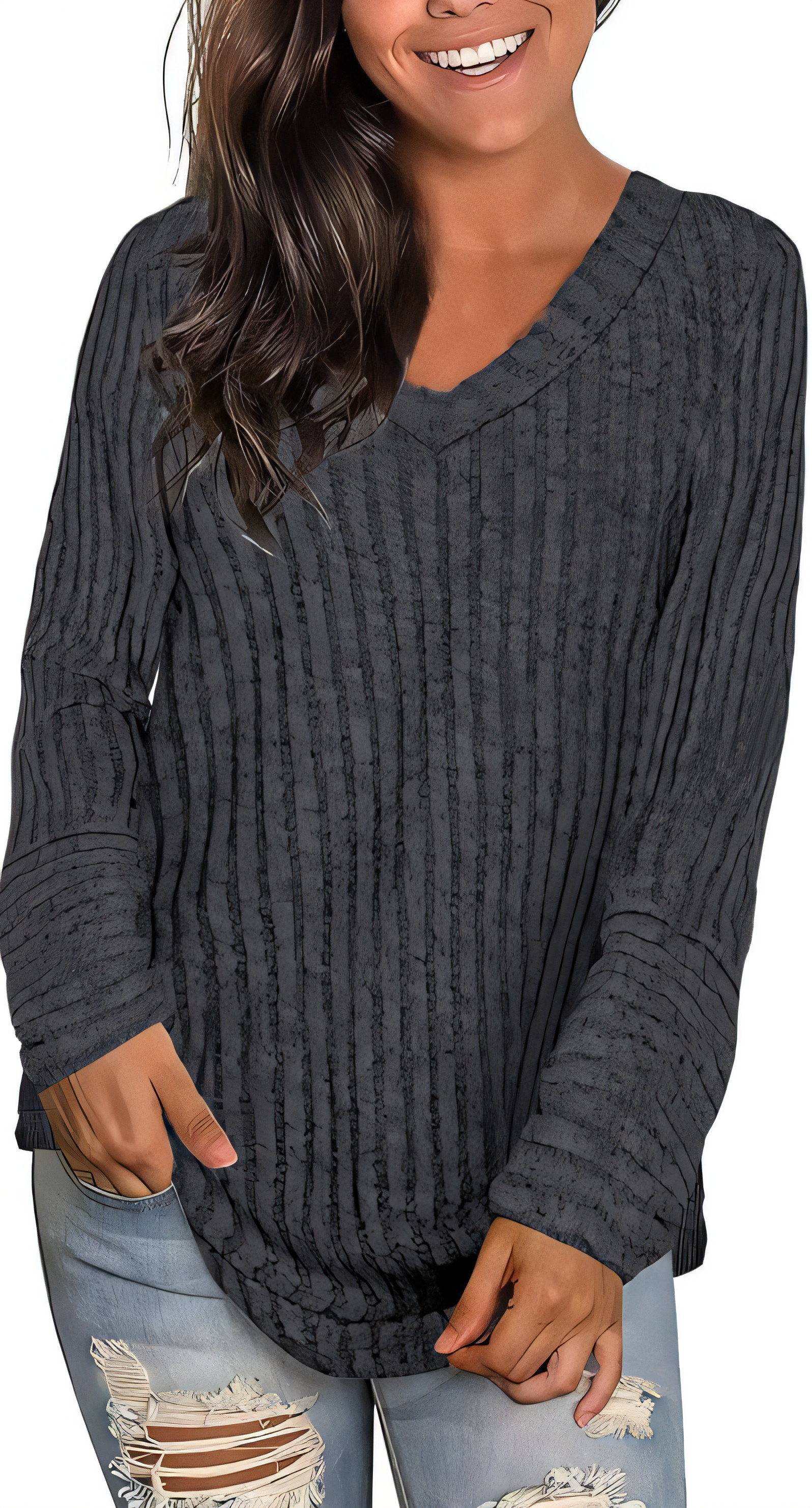 Women's V Neck Knit Sweater - Deep Grey S-image-33f408e9-019a-4d79-b22c-7c079417ec57-116237