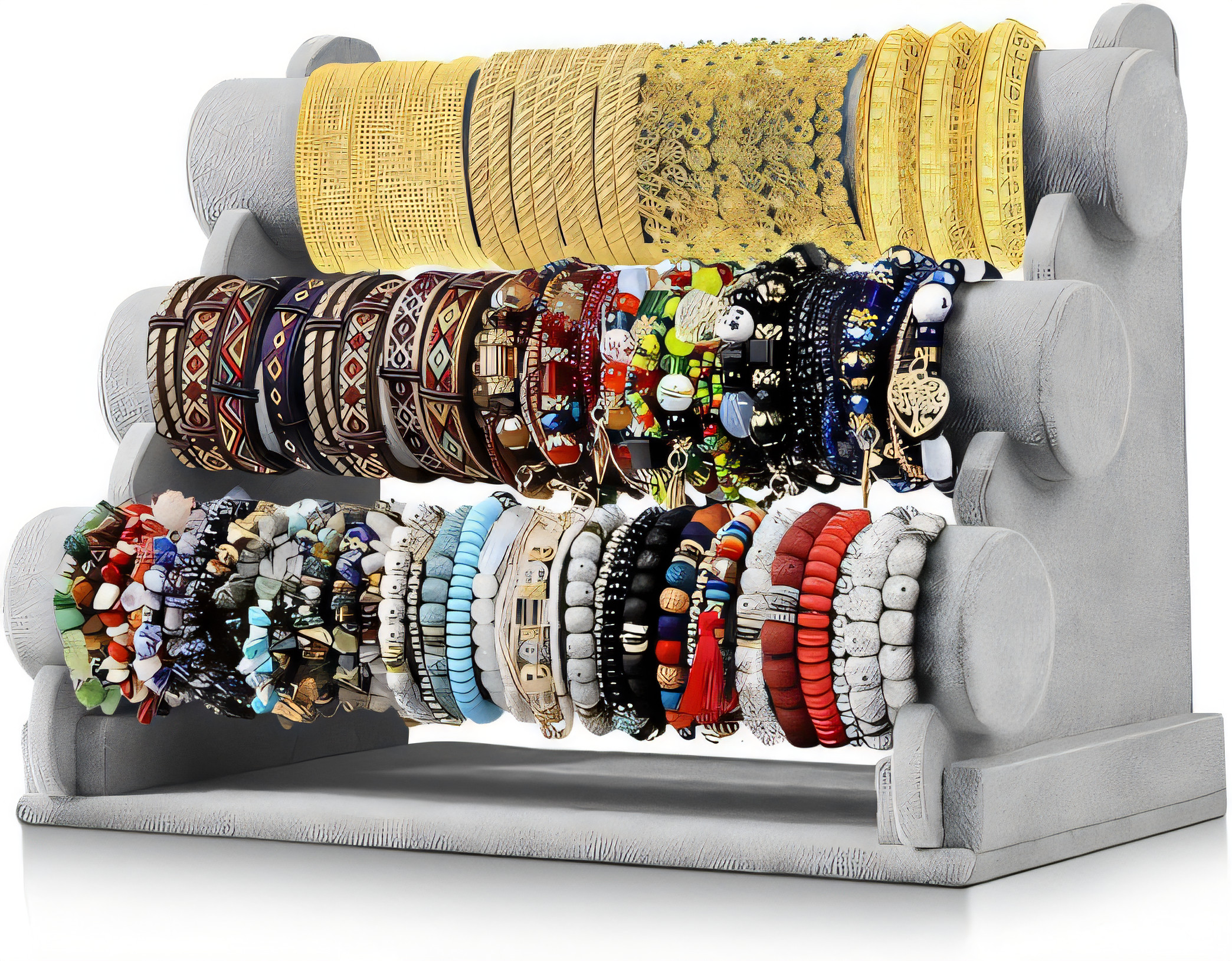 Elegant Grey Velvet 3-Tier Bracelet Holder Stand - Perfect for Display-image-f3654543-f816-46ea-9d3c-6773362f4004-22342