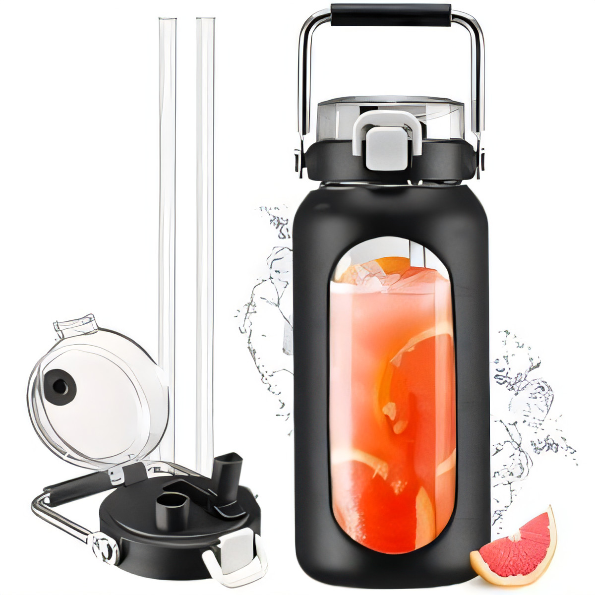 2L Glass Water Bottle with Straw - Black 2000ML-image-3ff6ffe1-9671-444d-82a7-c8254f914d3b-95226