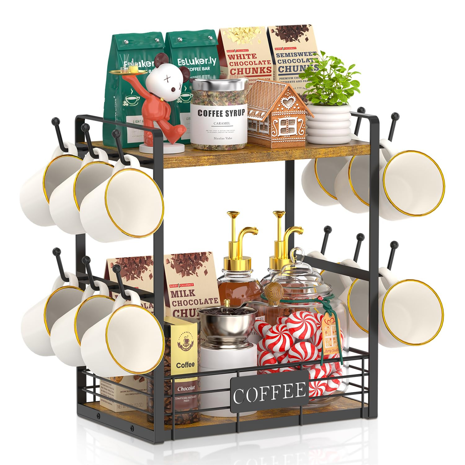 2 Tier Coffee Bar Organiser Rack - Vintage Brown Black 14''H-image-dafa0b9c-c35b-4614-8b58-535af7ff0b1f-544