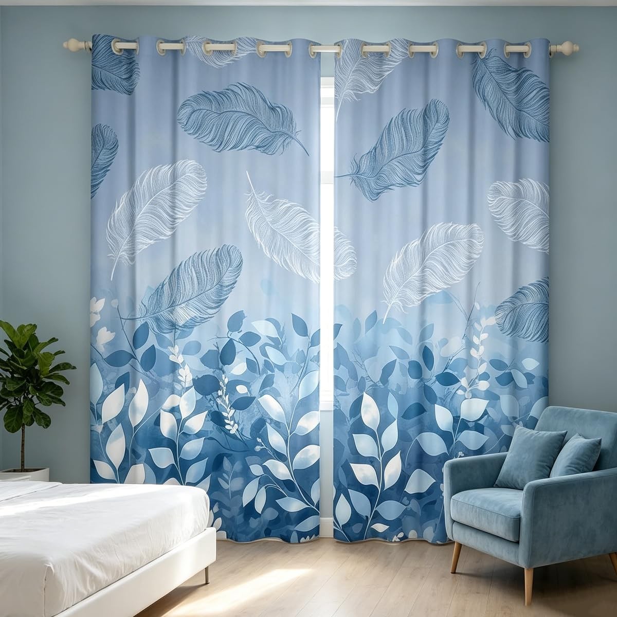 Floral Blackout Curtains - White Blue W46.1 x L53.9in