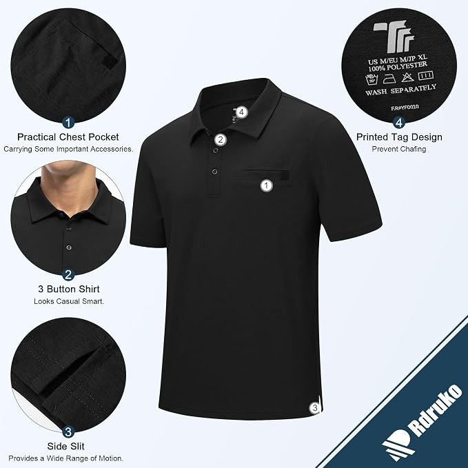 Men's Quick Dry Polo Shirt with Pocket - Black S