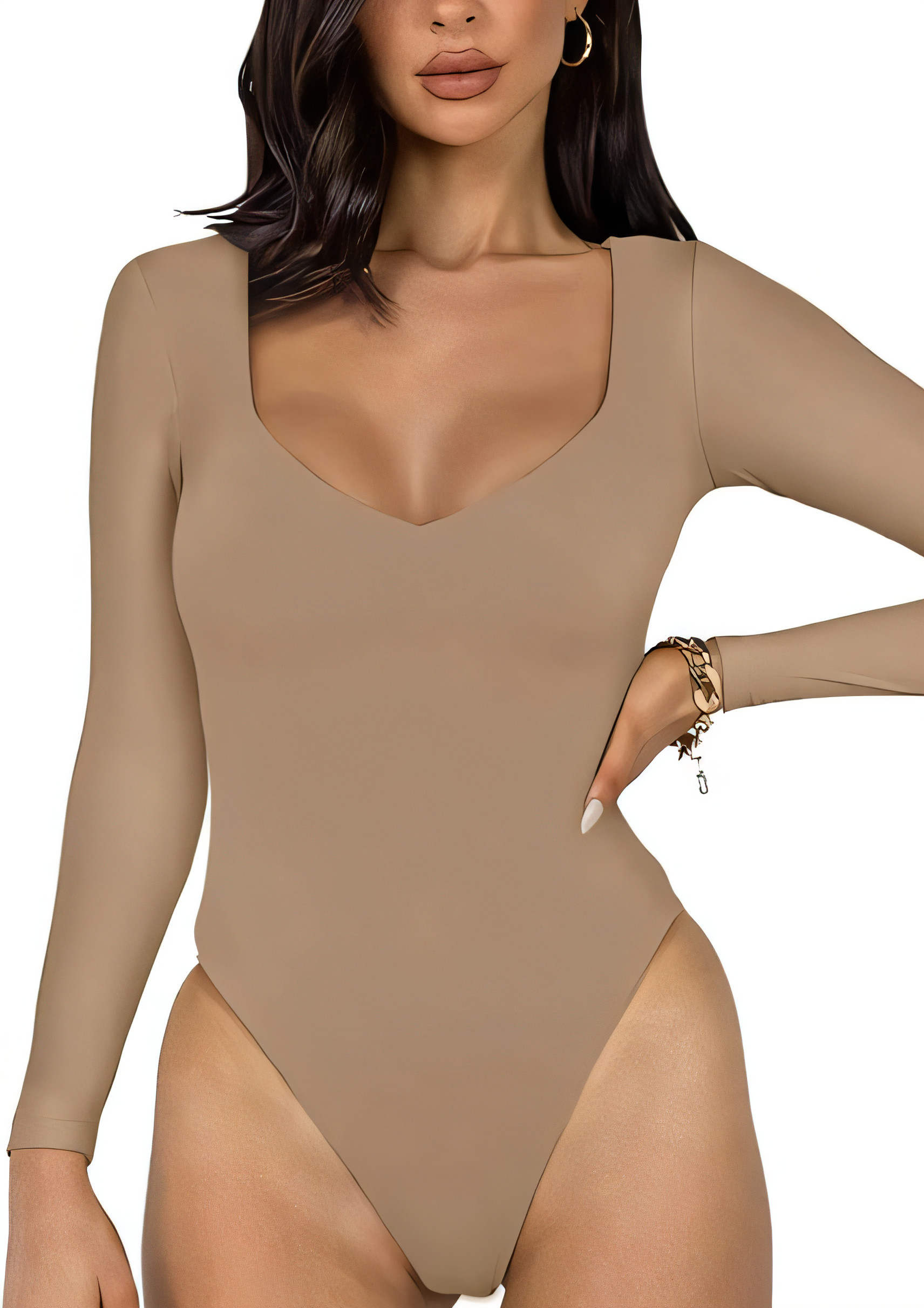 V Neck Long Sleeve Bodysuit - Khaki Small-image-5f98a0e3-9210-42bd-8b48-c6cdc1e86608-93895
