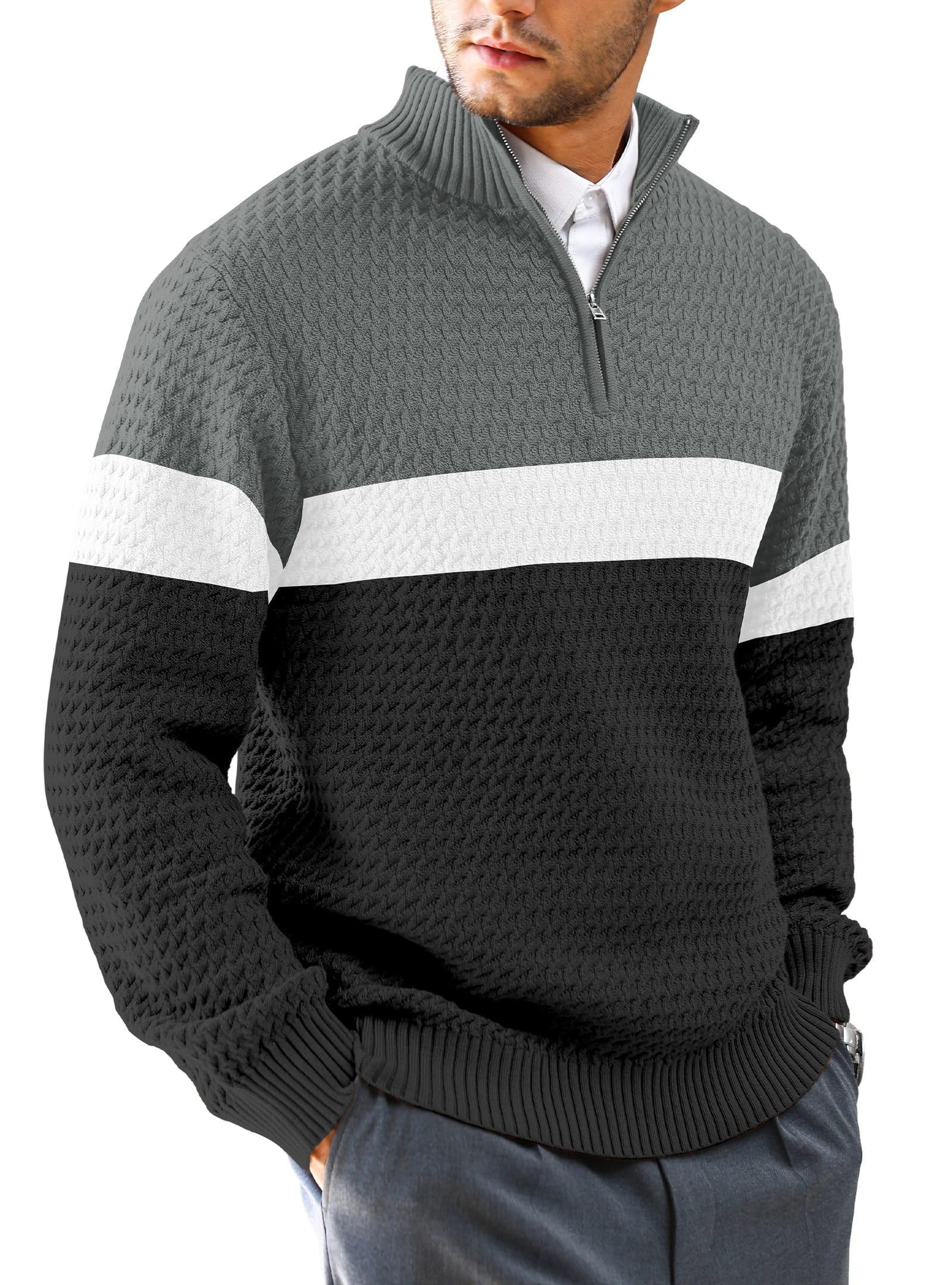 Men's Quarter Zip Jumper Mock Neck - Dark Grey/White/Black S