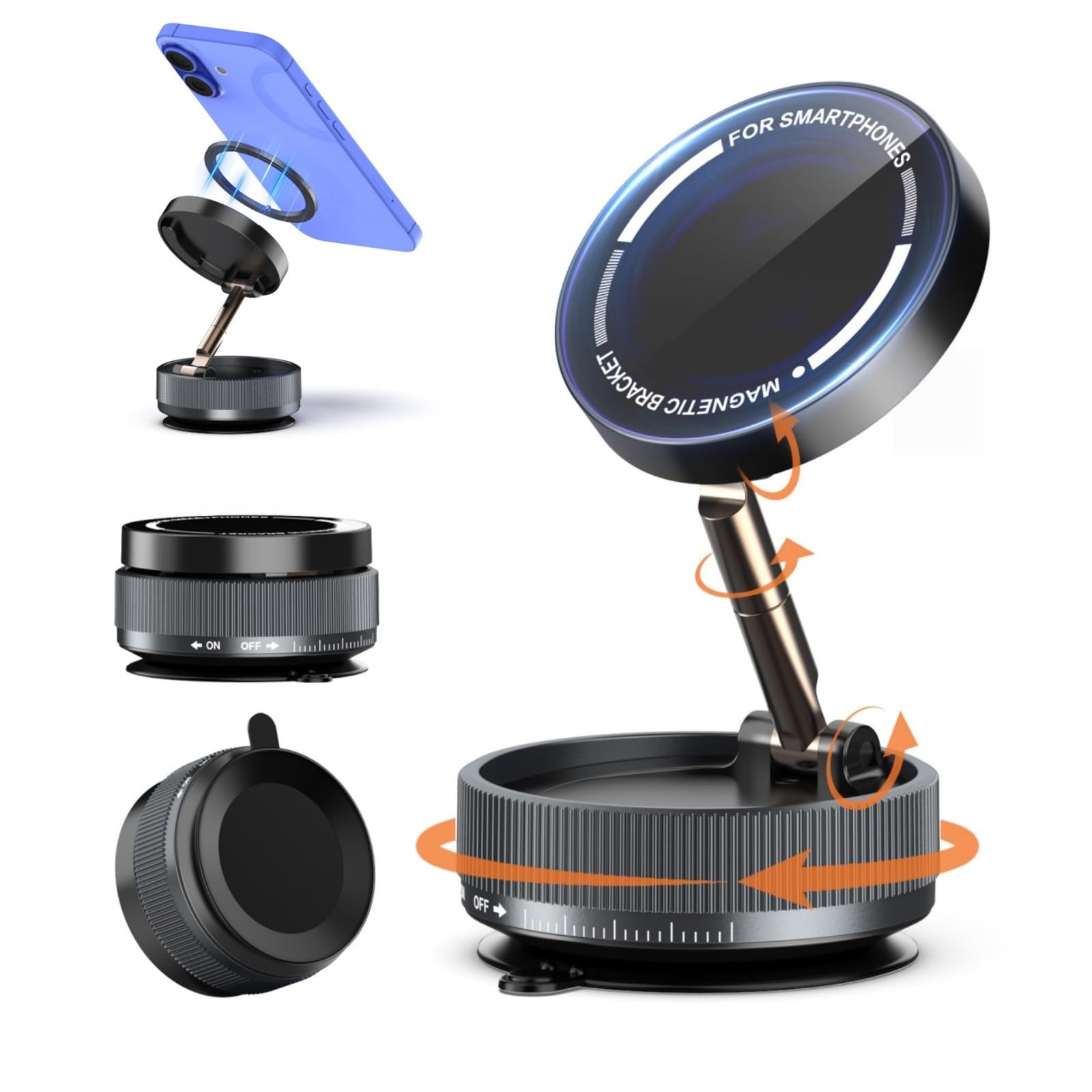 Magnetic Phone Holder 360° Suction Mount - Black