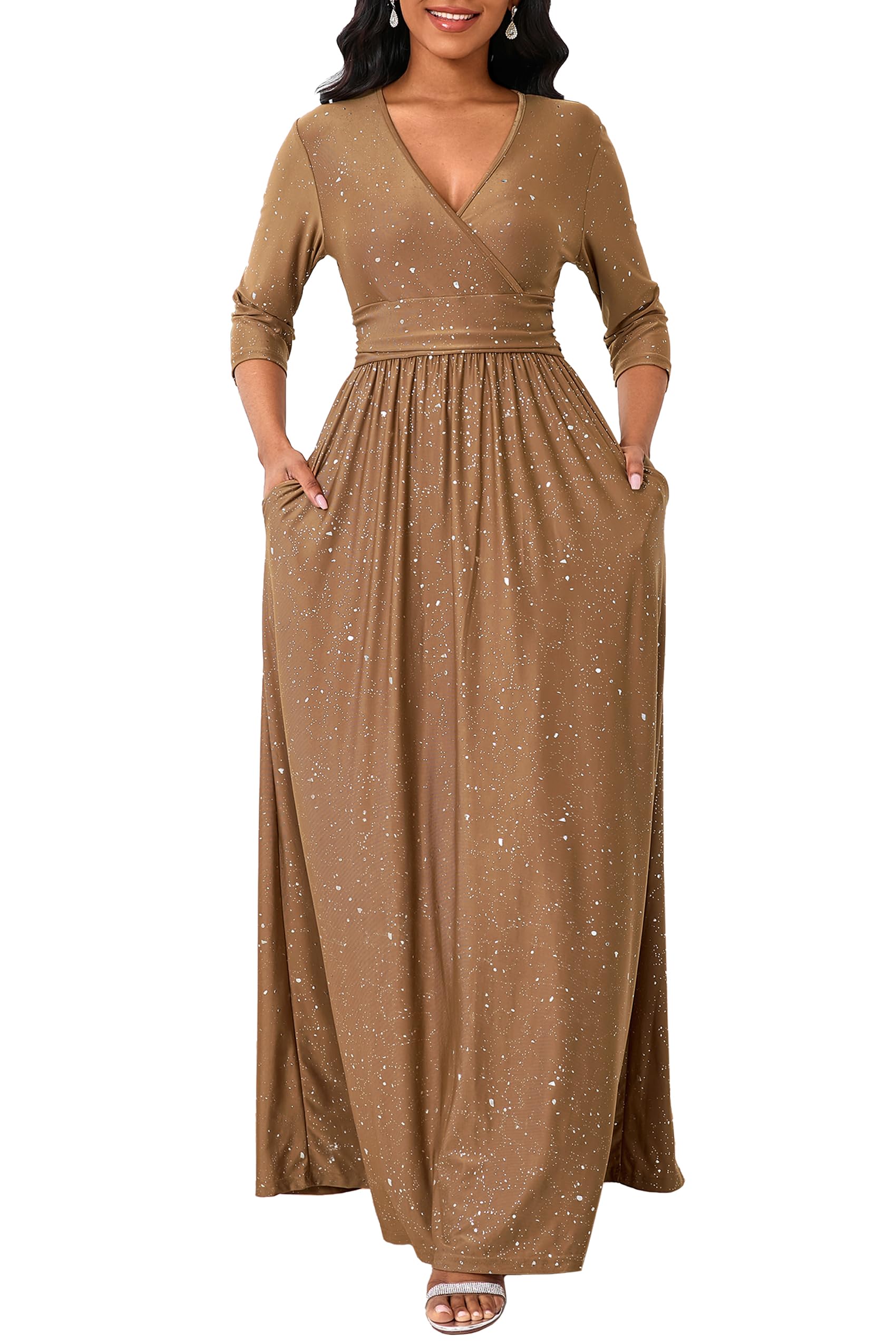Women's Glitter V-Neck Maxi Dress - Brown L-image-5d7f7669-ef3f-42ff-8f46-0d08cd60db84-127545