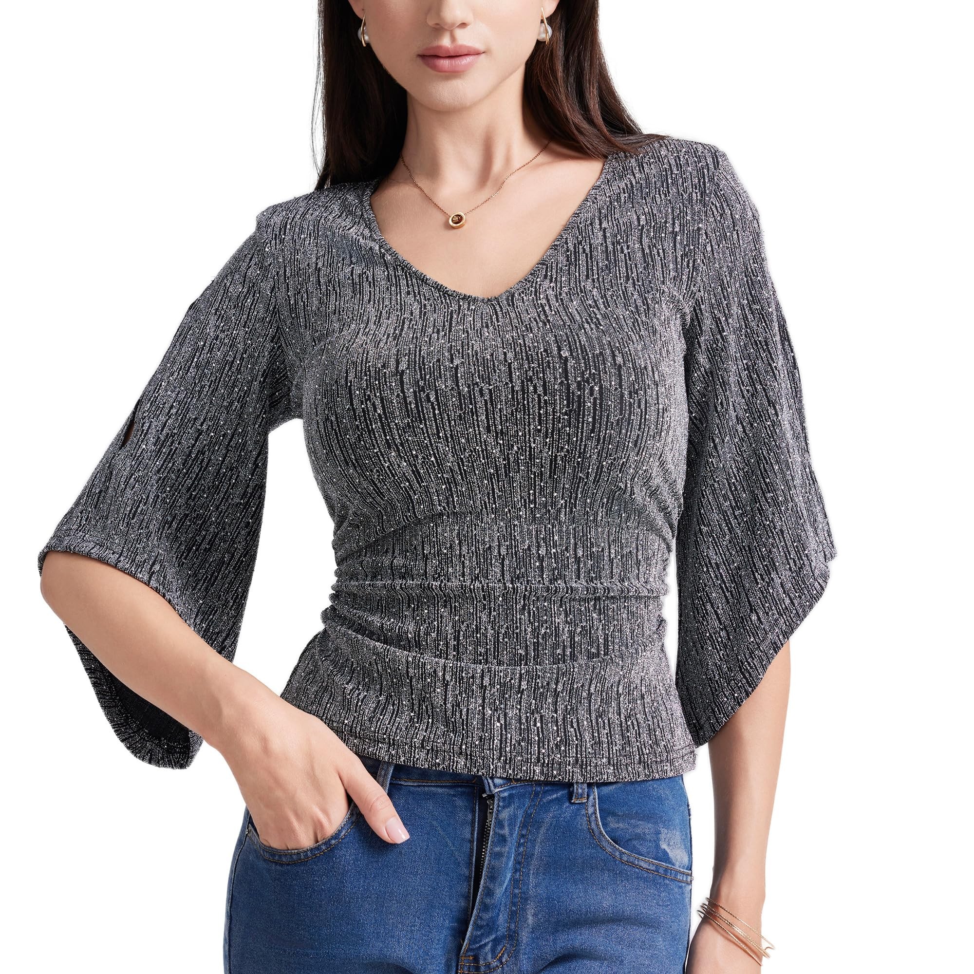 Women's Sequin Blouse 3/4 Sleeve - Silver L