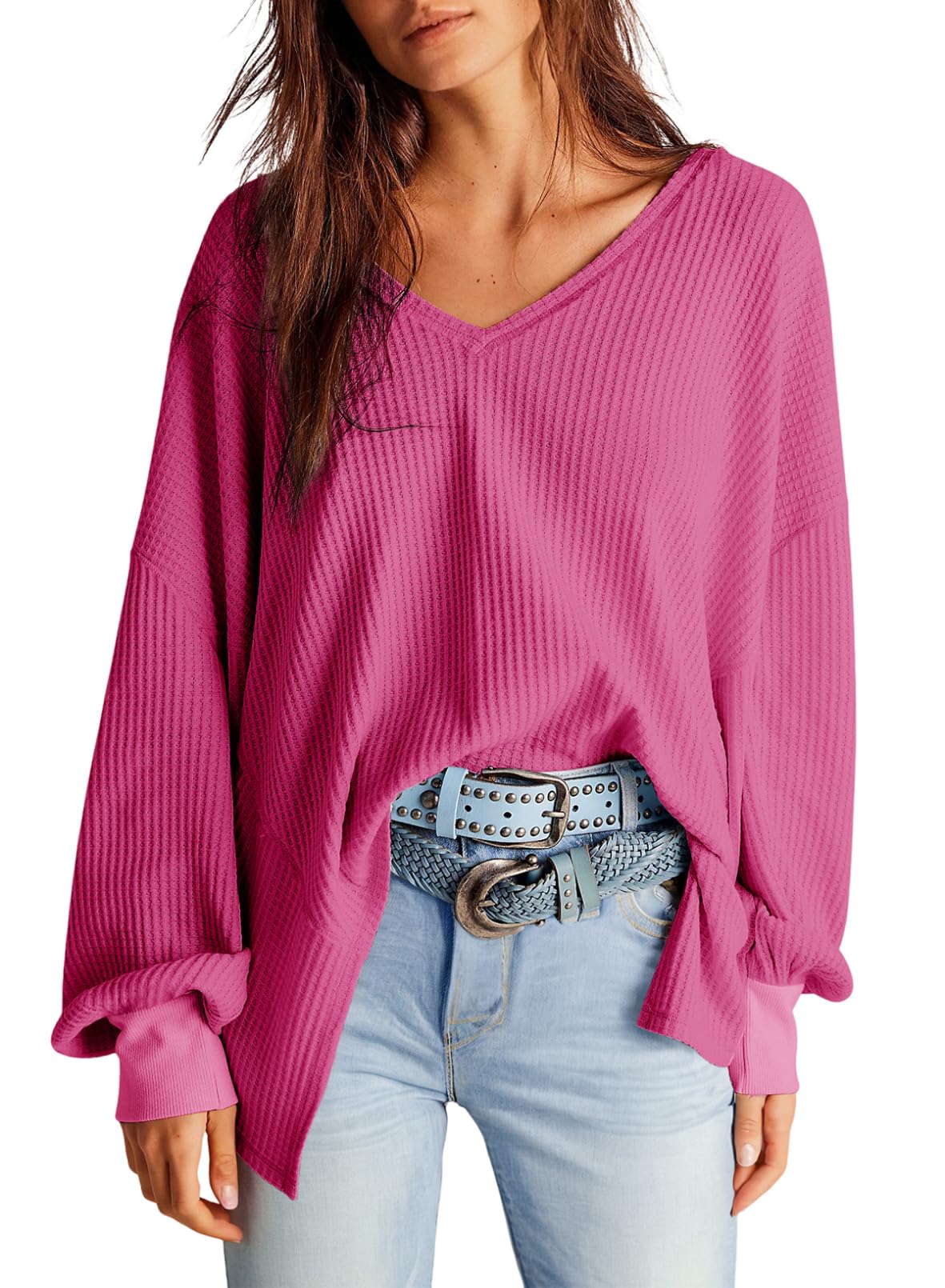 Women's Waffle Knit V-Neck Top - Bright Pink S-image-4f370b40-d9c9-484d-9be5-28738e5008a6-127424