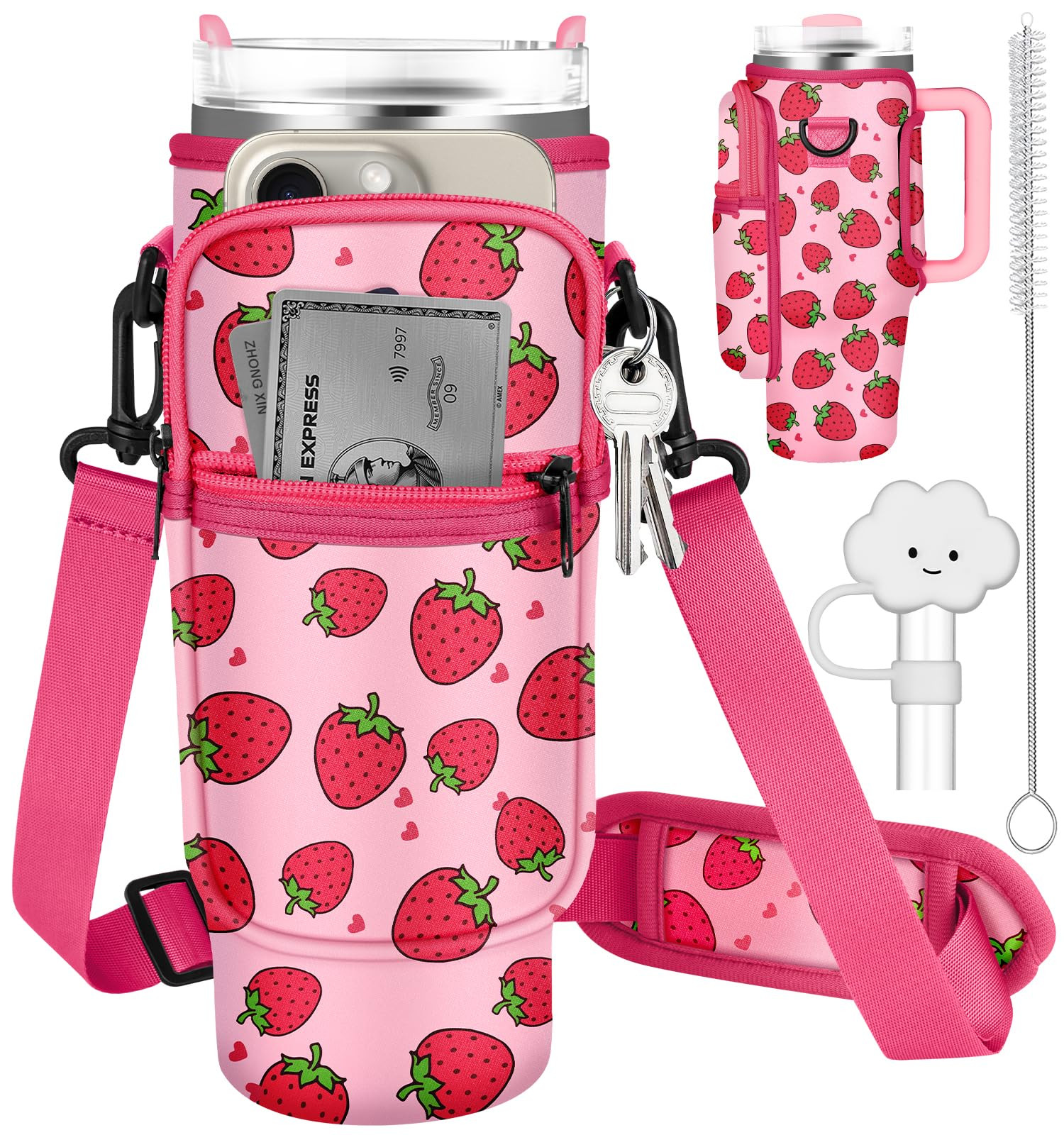Water Bottle Holder with Strap & Pocket - Light Pink Strawberry-image-edbaddf6-7340-425f-8f2f-33e12a4183d5-268268