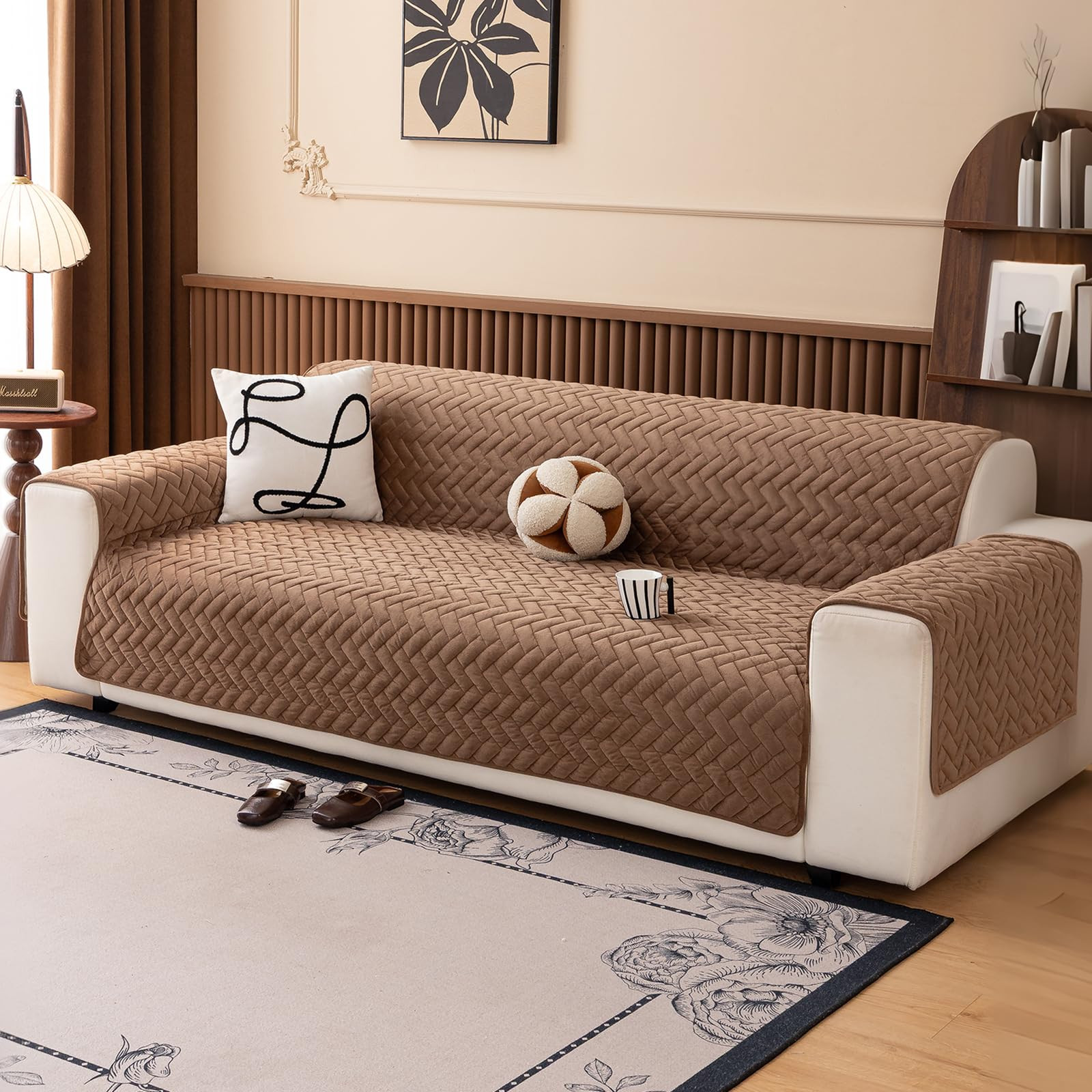 Quilted Velvet Sofa Cover - Geometry Camel 4 Seater