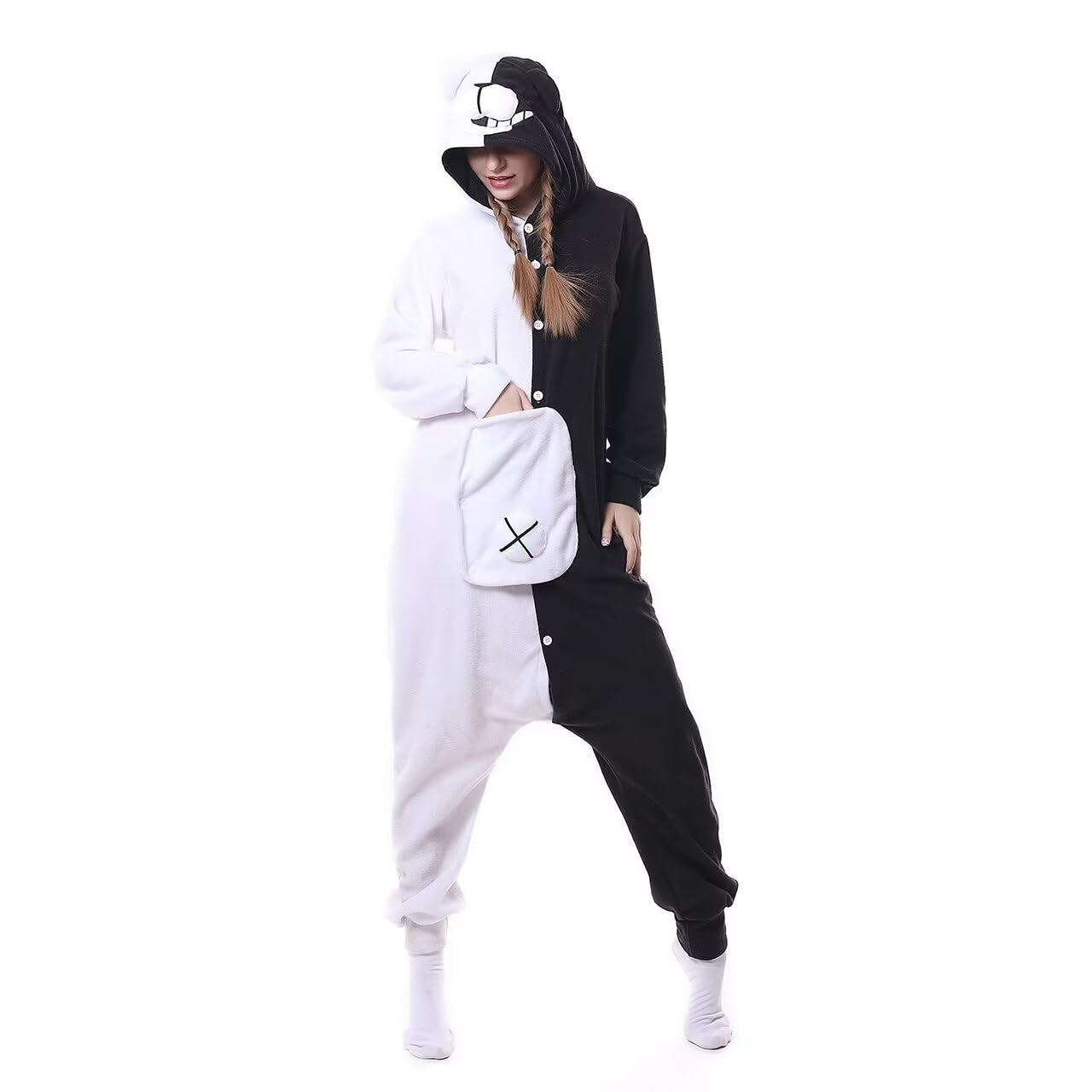 Unisex Fleece Onesie Pajamas - Black & White Bear M