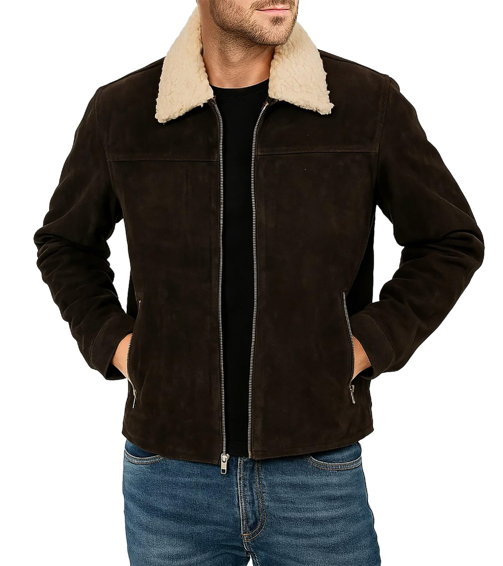 Men's Suede Jacket Faux Fur Collar - Brown XS-image-15ff8931-847d-4afc-81ab-f3cca46365a3-2411