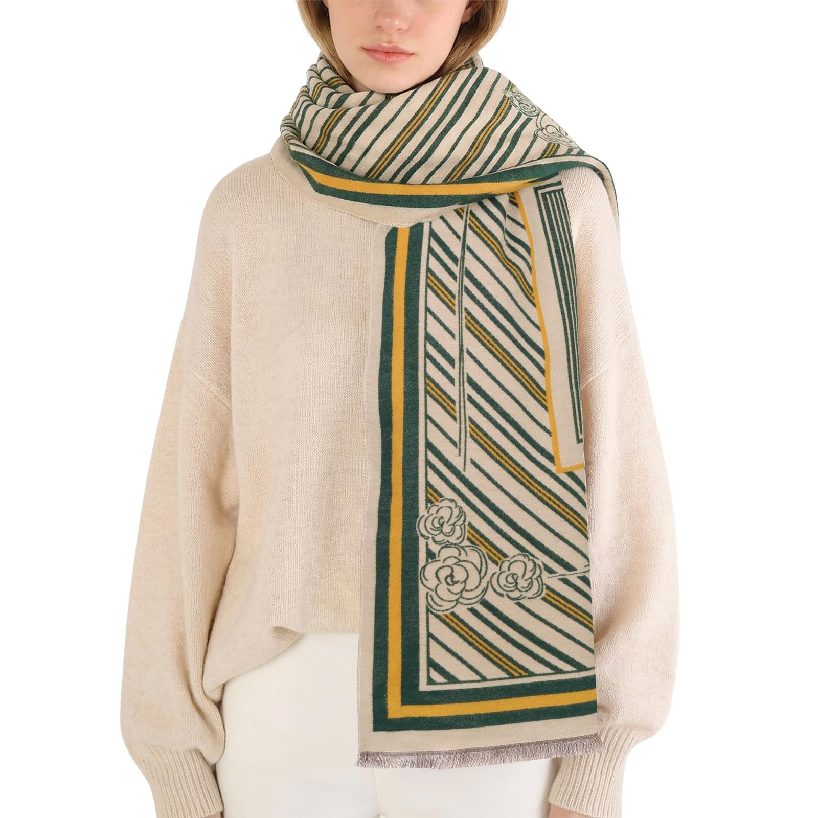 Women's Jacquard Pashmina Scarf - Green One Size-image-3e6005af-6012-46ed-88c7-c40290cd2c89-137580