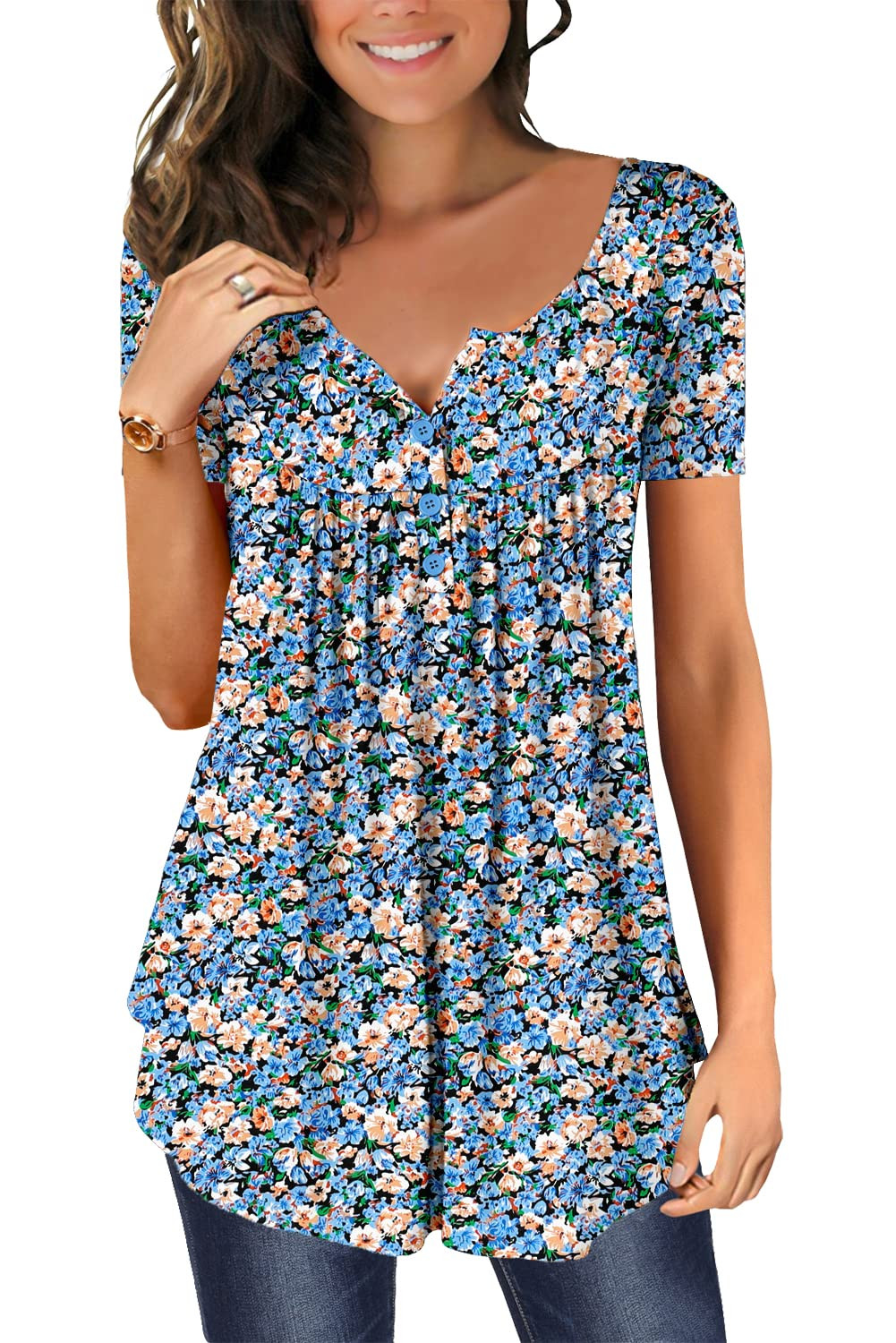 Women's Floral Tunic Top V Neck - Orange Blue 8-10