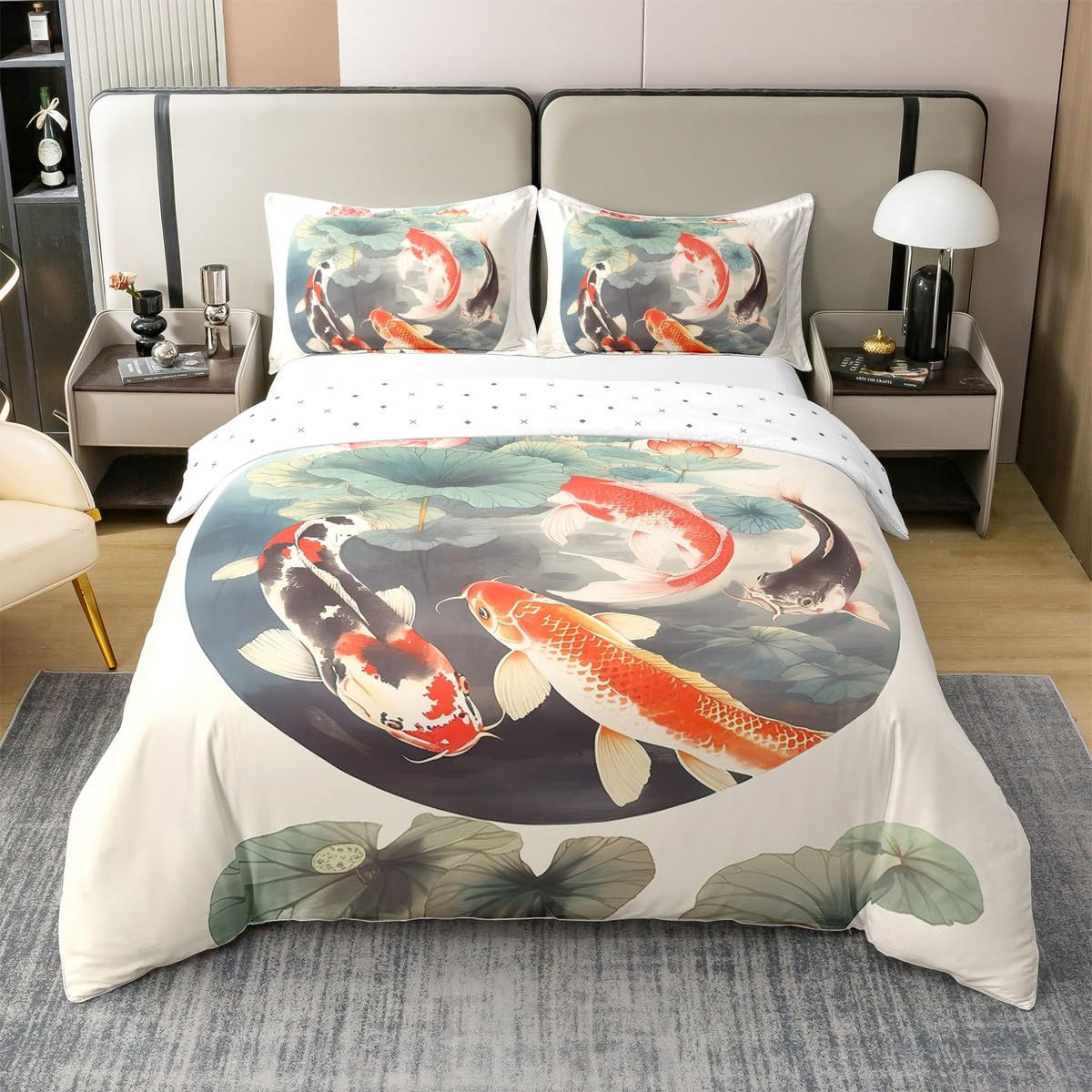 Koi Fish Cotton Duvet Set - Ink Black and Beige Double