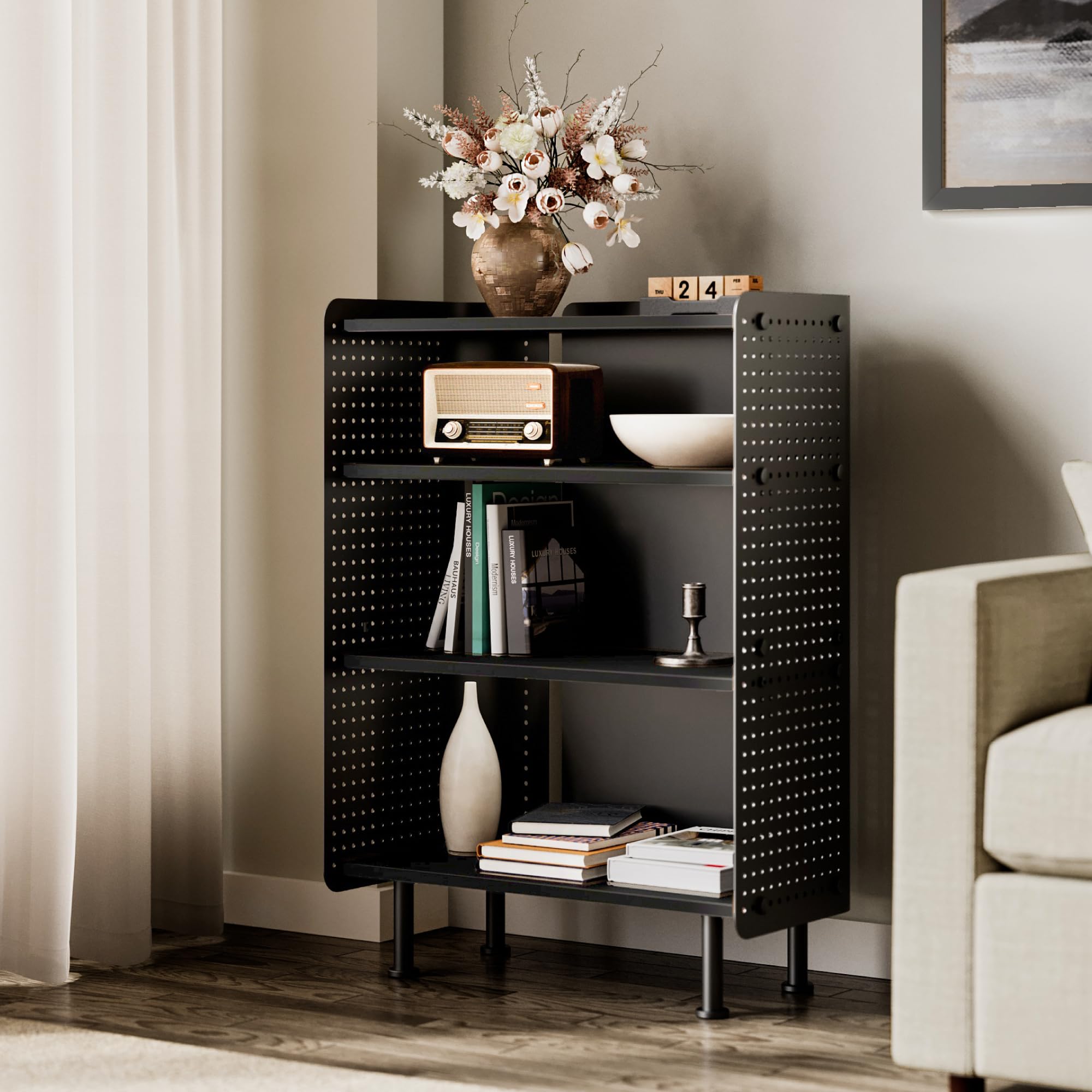 4-Tier Bookshelf with Pegboard - Black 61.6×31.2×85.3cm-image-e0772ea8-3121-4ae8-be3a-2dec7e0fb32c-127117