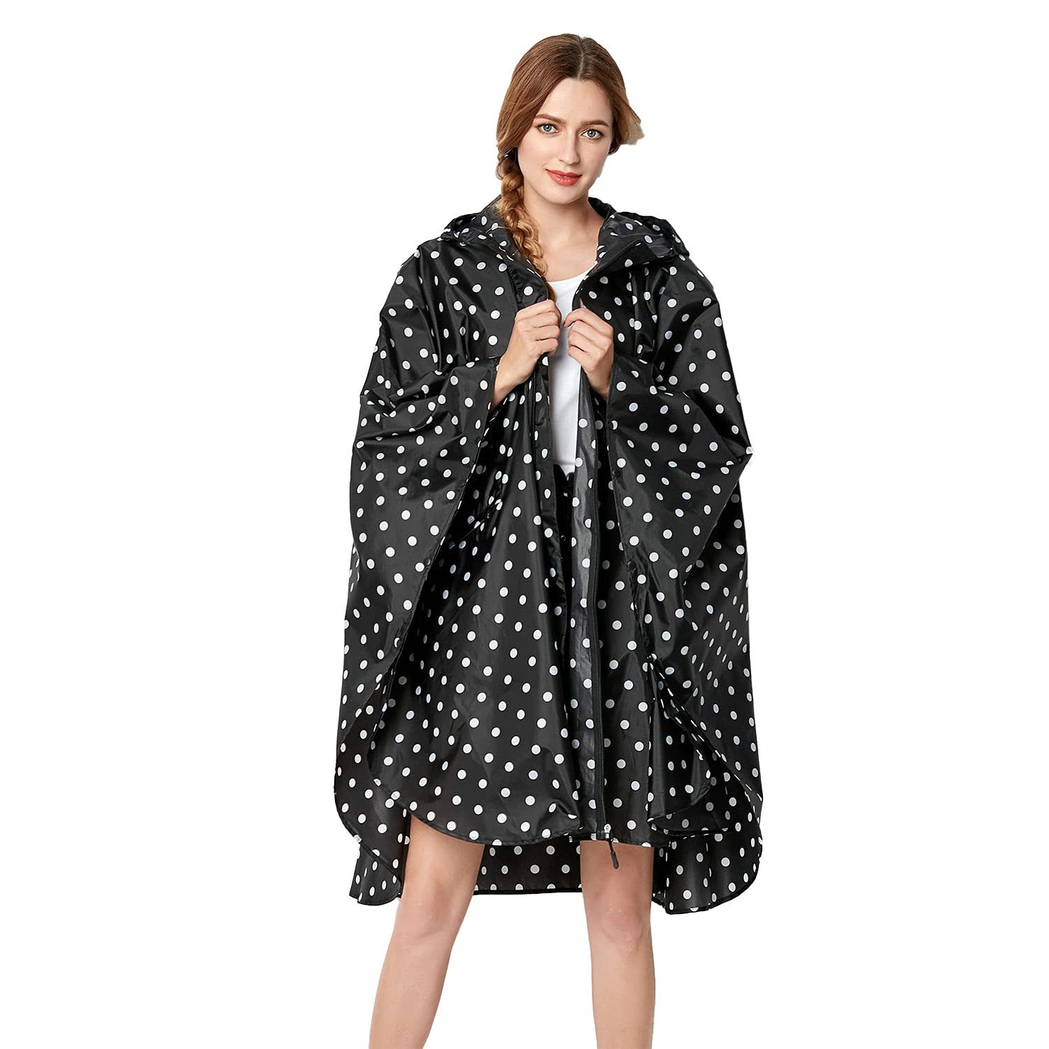 Women's Hooded Rain Poncho - Dot Black L