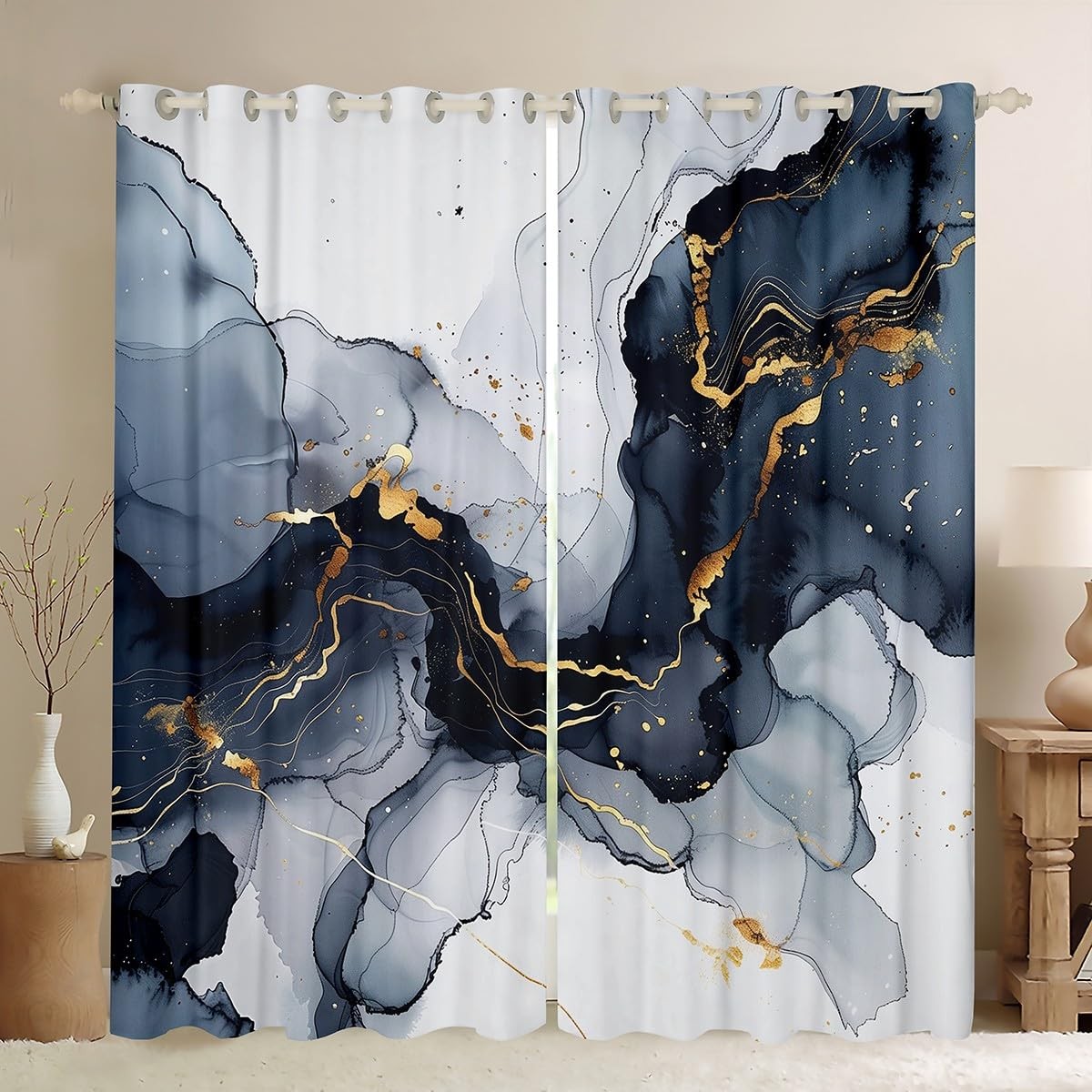 Marble Blackout Curtain Panels - Royal Blue White W66*L90