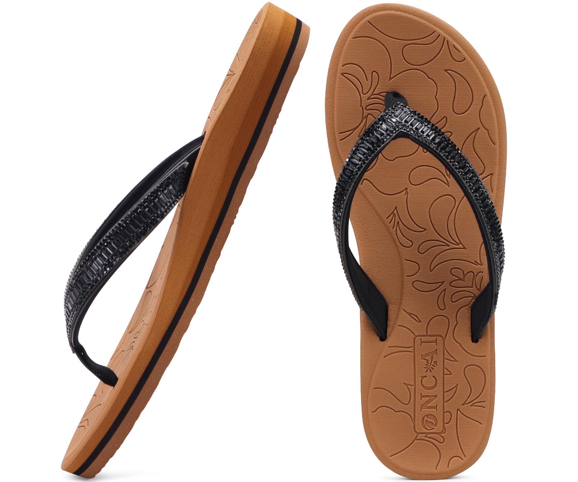Women's Rhinestone Flip Flops - Black Khaki UK 7