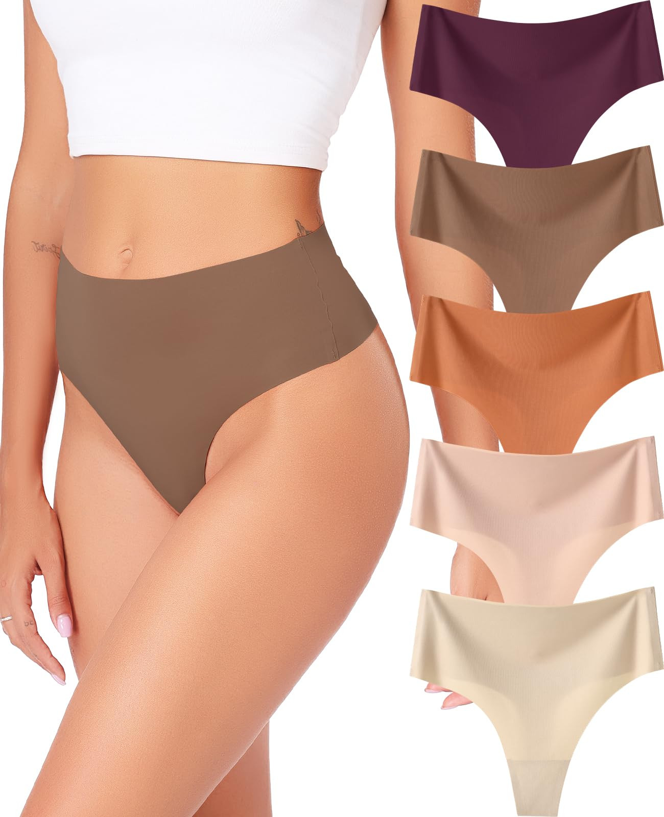 Women's Seamless Thongs 5-Pack - Coffee S