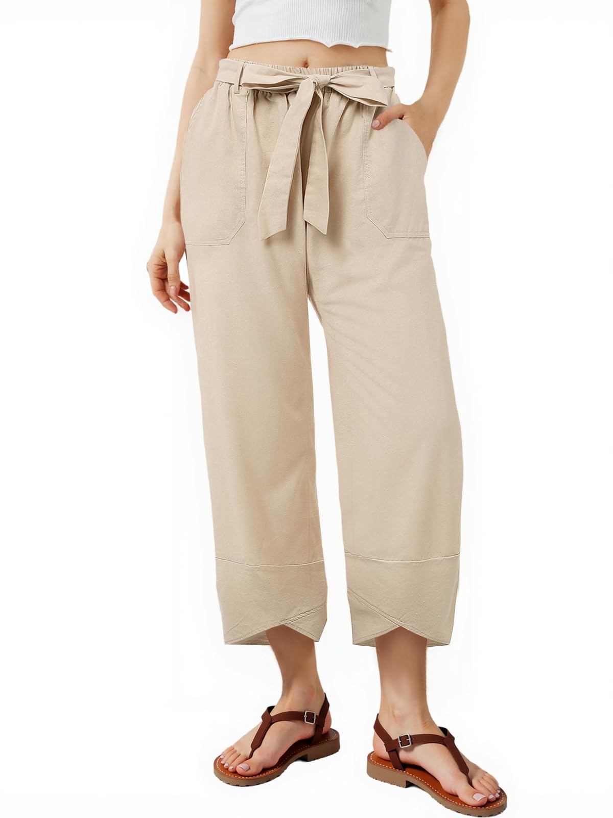Women's Linen Cropped Trousers - Khaki With Belt L-image-e9ec668f-7c6a-482b-b6e1-8d61f835074c-127299