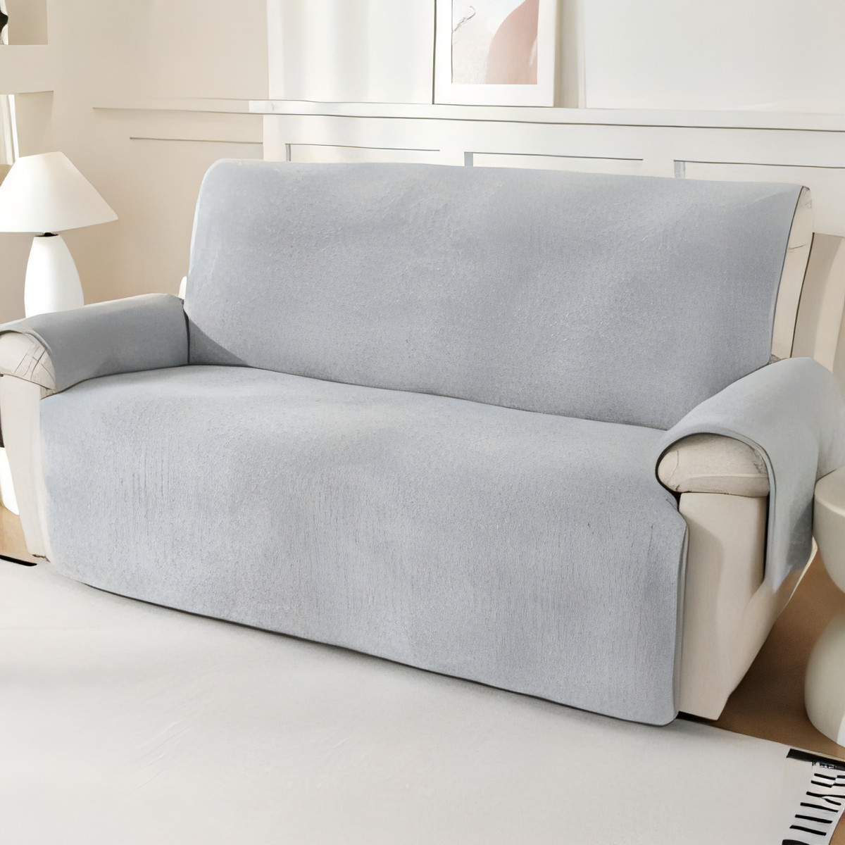 Sherpa Fleece Sofa Cover Non-Slip - Light Grey 3 Seater-image-89503b03-3ab6-4046-9067-a39f4afc6196-113755